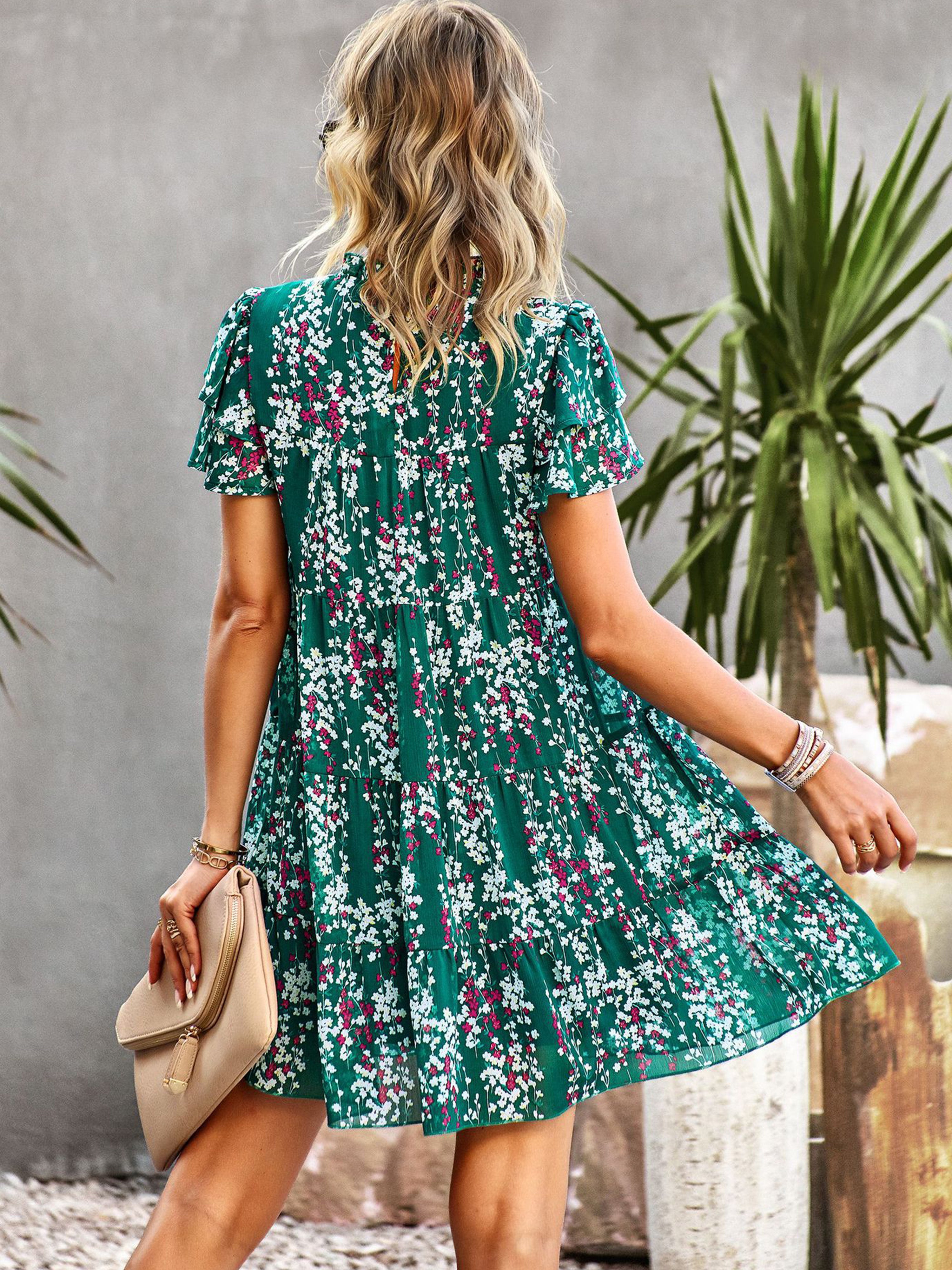 Robe Trapèze Col Roulé Mi-Haut Manches Courtes Robe Invitée de Mariage en Vert