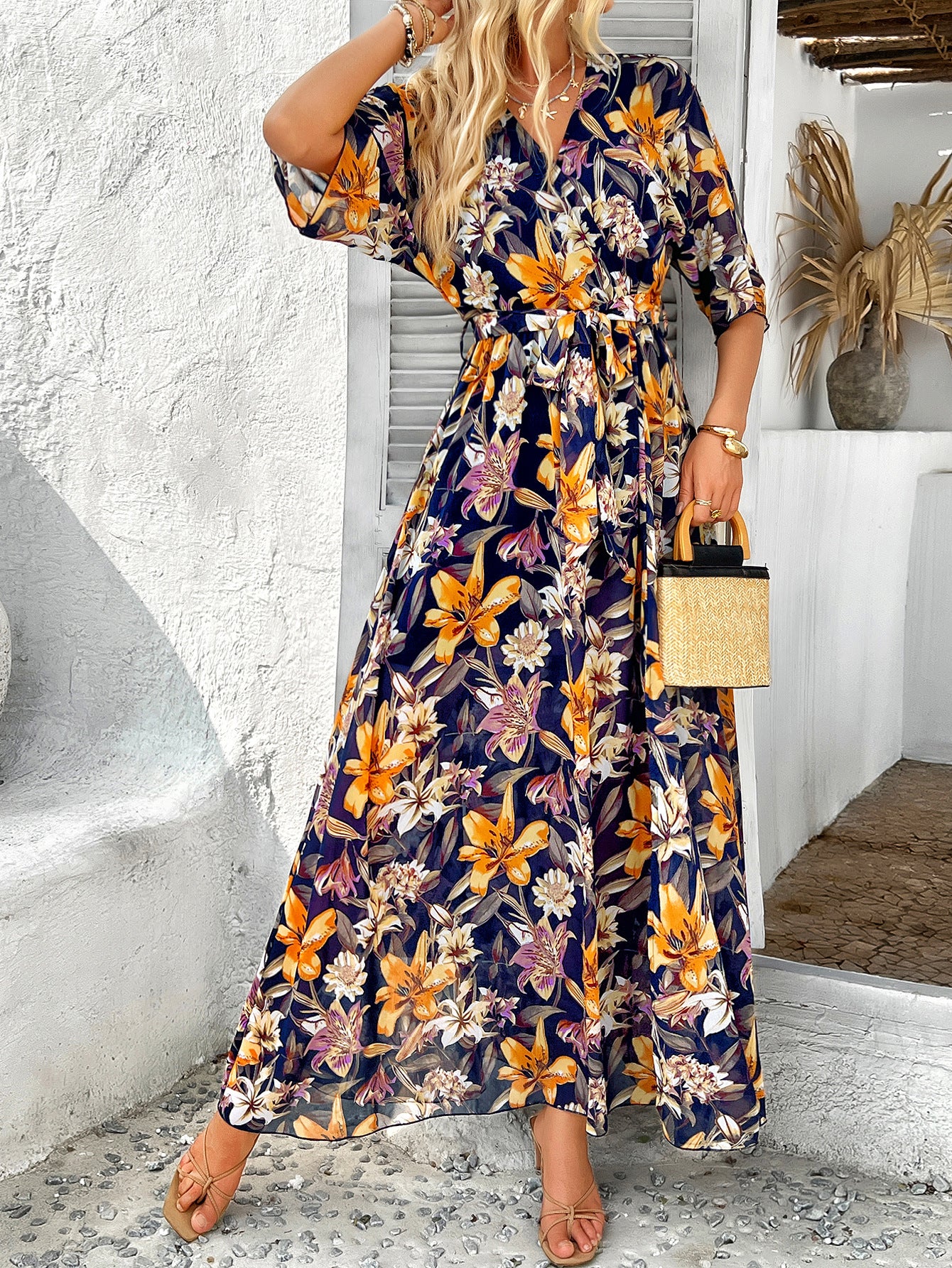 Robe Florale en Bleu Marine Trapèze Col V Manches Mi-Longue Robe Invitée de Mariage