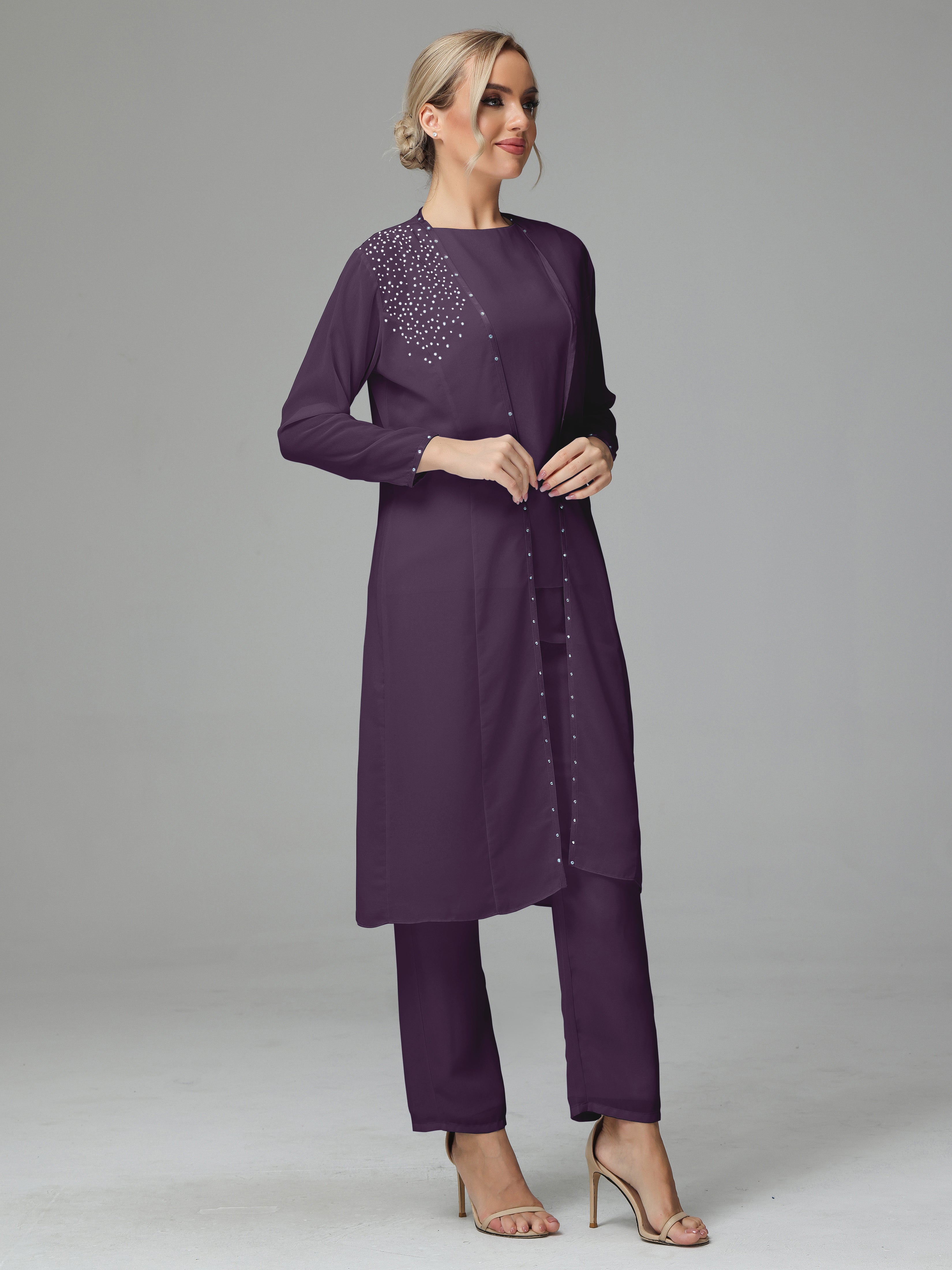 3 Pièces manches longues Mousseline Robe Mère de la Mariée Pantalons Costumes