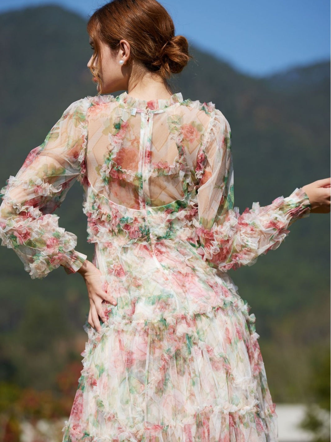 Robe Trapèze Col Rond à Volants Manches Longues Robe de Soirée en Abricot