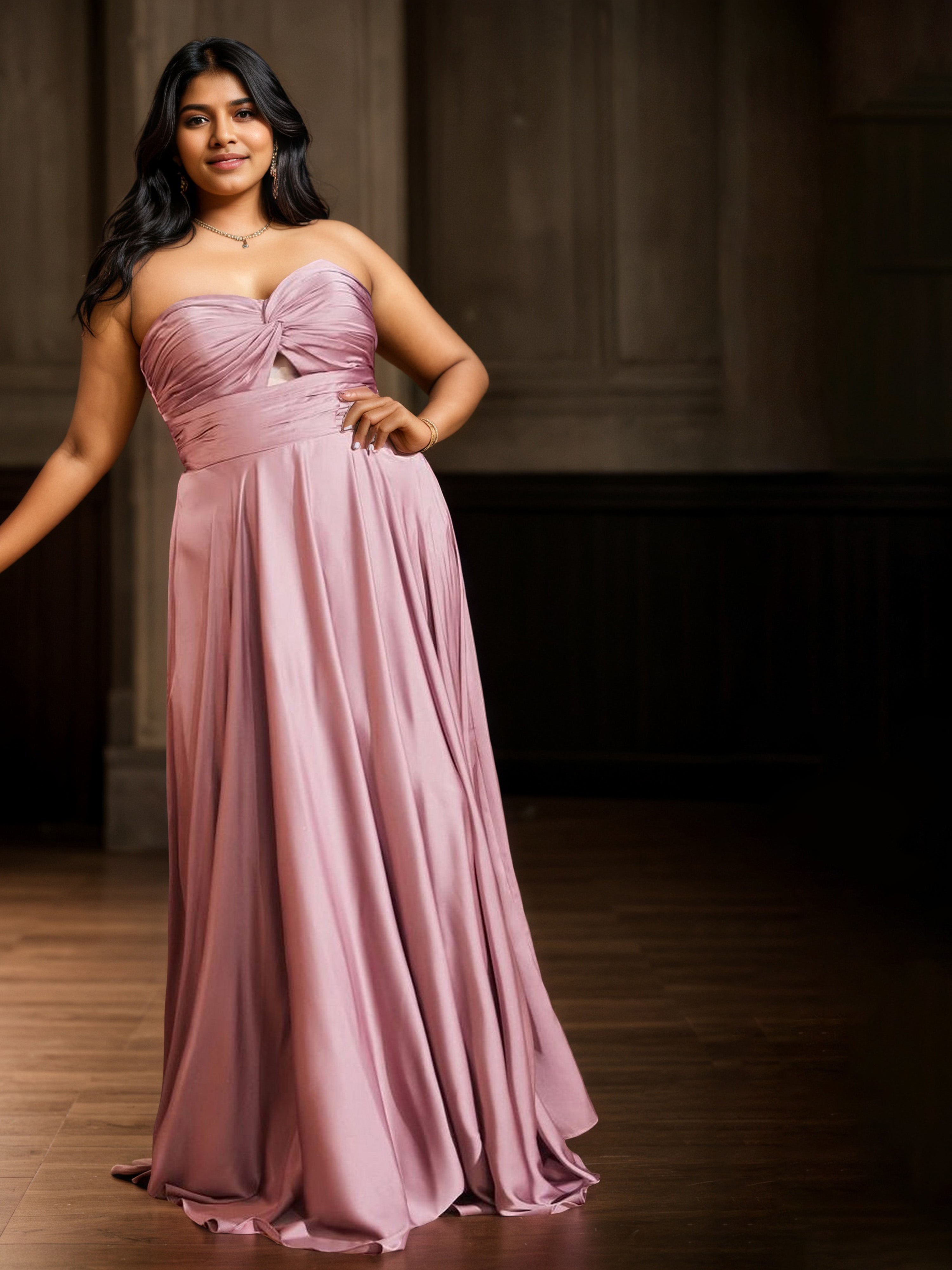 Robe de Bal ROSE_BONBON Longue Sans Bretelles Grande Taille avec Plissés et Sans Manches