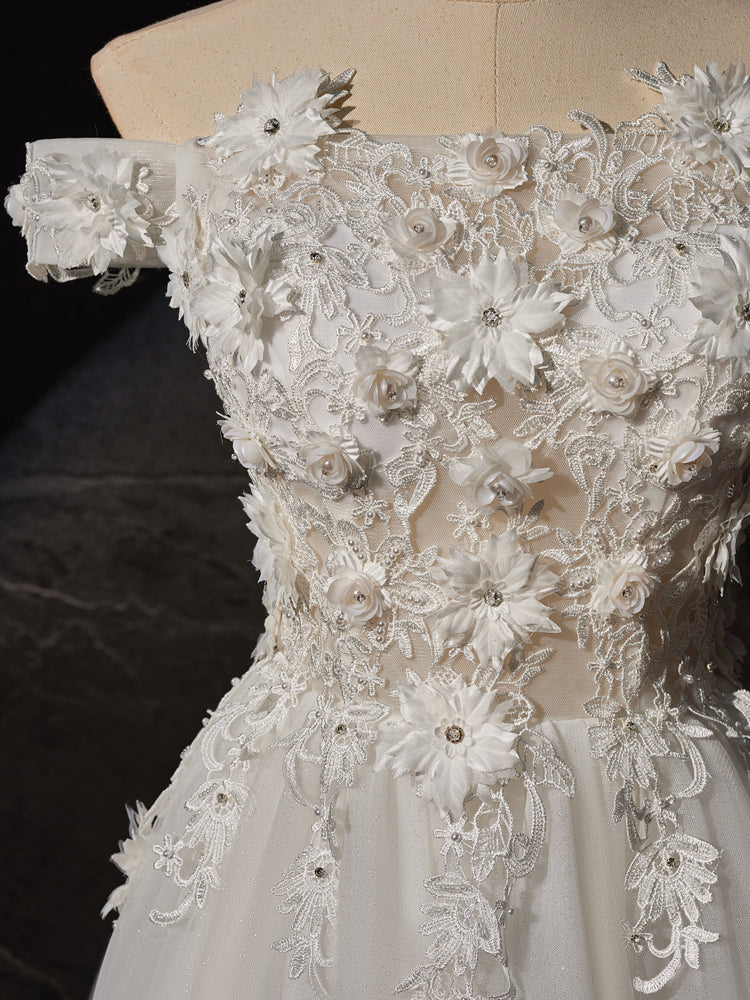 Robe de Mariée Ivoire Longueur Ras du Sol à Épaules Dénudées avec Appliques Florales