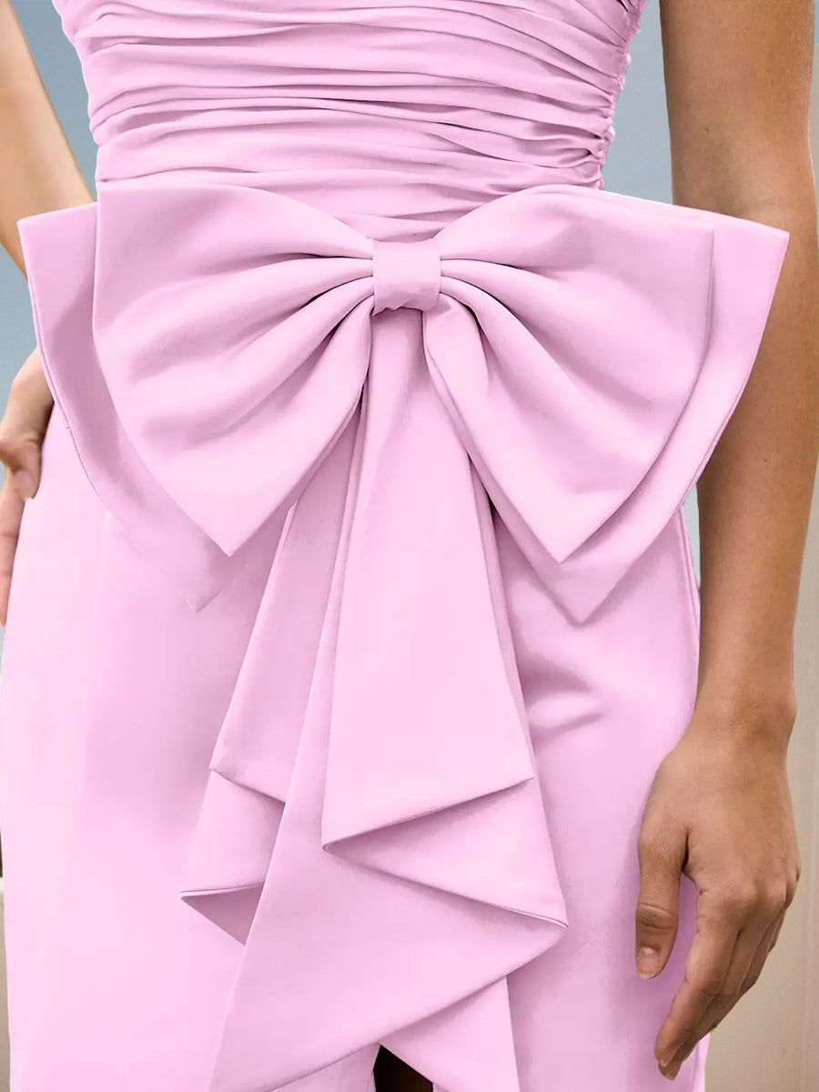 Cicinia Rose Bonbon Robe de Soirée Longue en Tissu Extensible Fourreau sans Bretelles Fente avec Grand Nœud Papillon