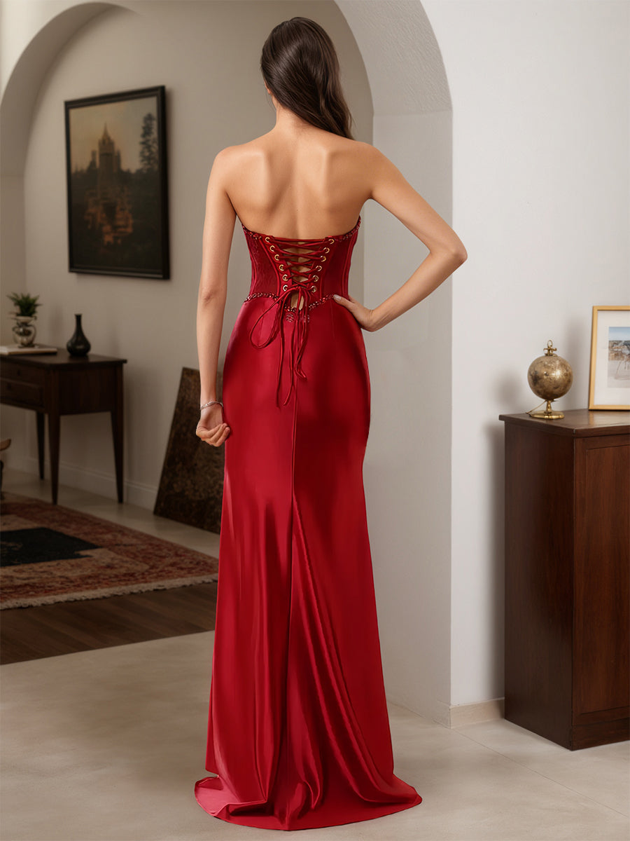 Cicinia Robe de Soirée Rouge Longue Fourreau Perlé Décolleté Cœur Fente