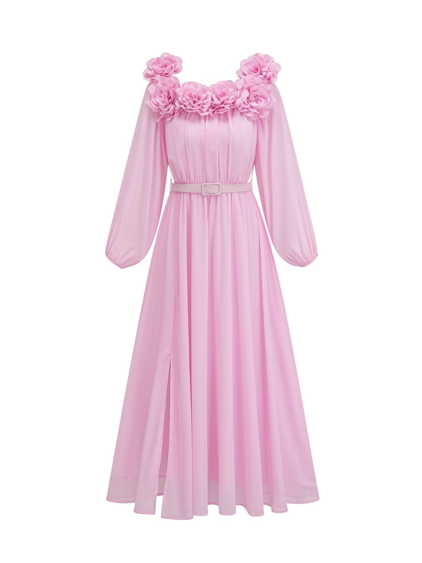 Robe Trapèze Col Carré Manches Longues Robe de Soirée en Rose