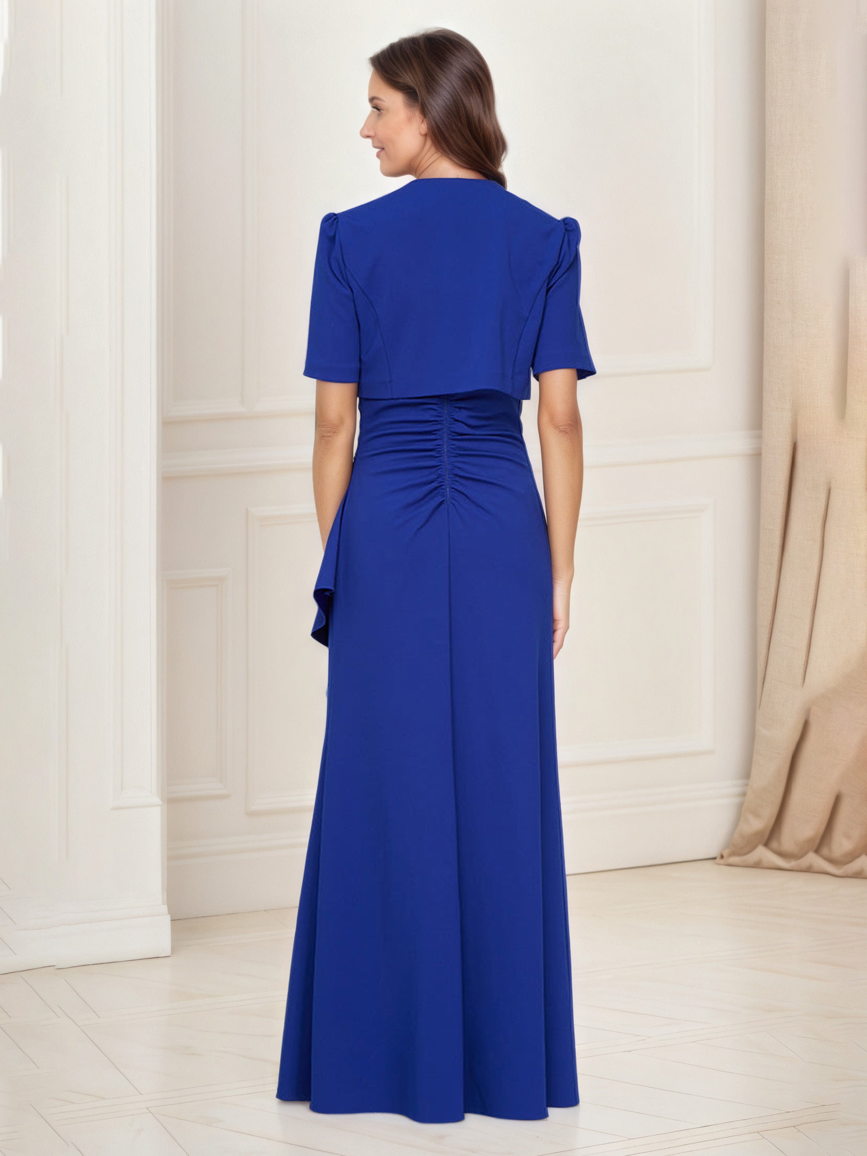 Robe Mère de la Mariée BLEU_ROYALE Fourreau/Colonne Col Carré 2 Pièce Avec Veste Mancherons