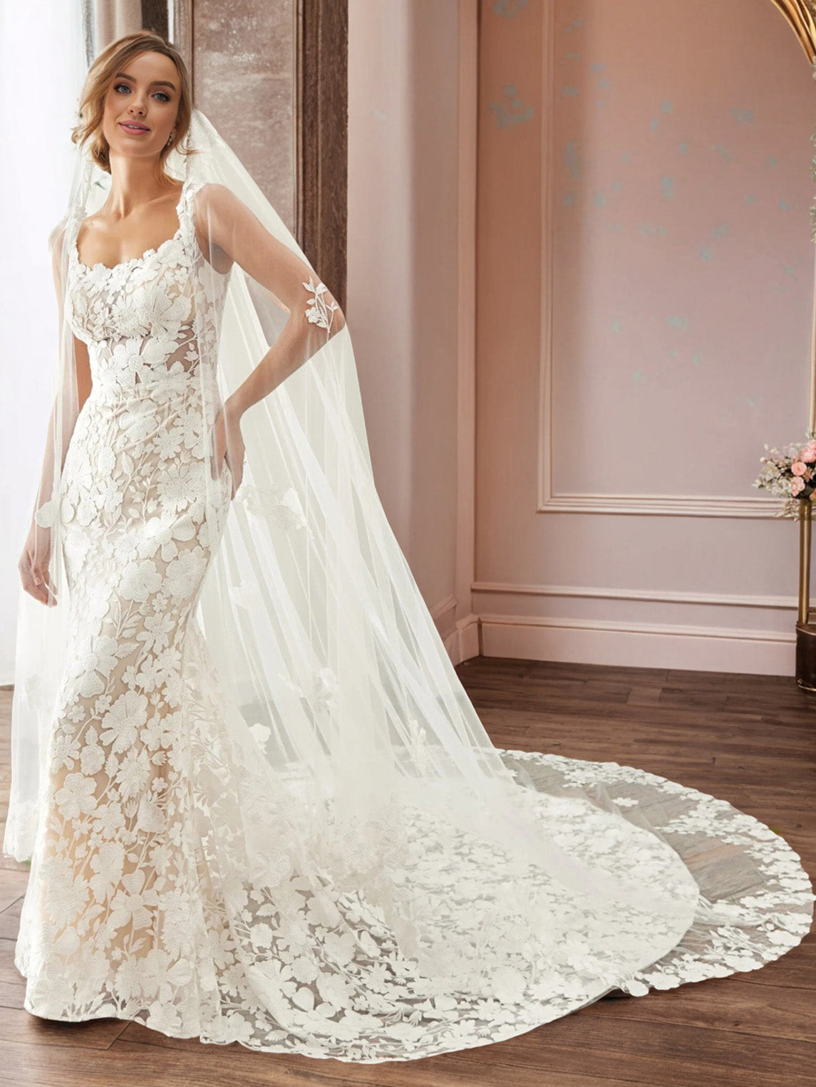 Col en Cuillère Dentelle Manche Amovible Robe de Mariage Sirène avec la Traîne de Chapelle