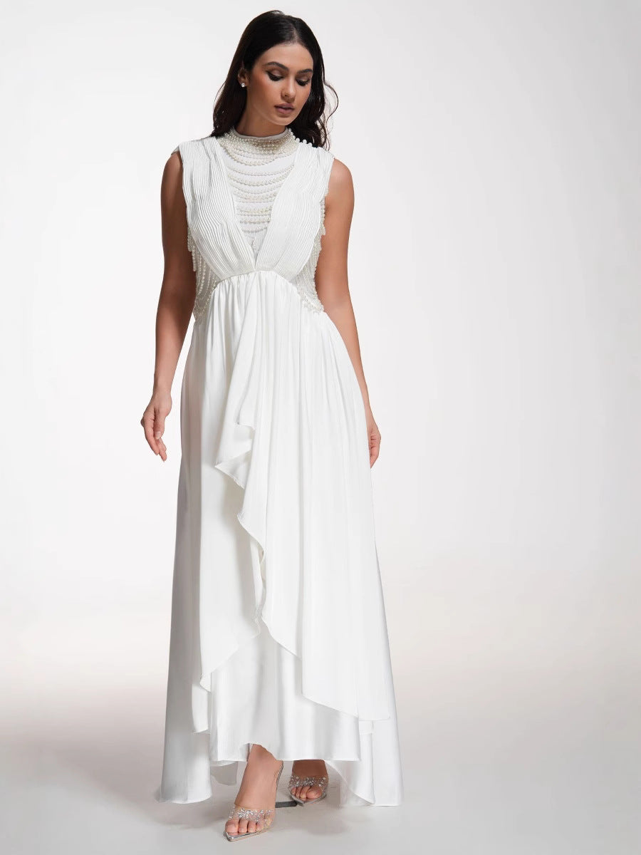 Robe Longue Asymétrique Col Rond Sans Manches Robe de Soirée en Blanc
