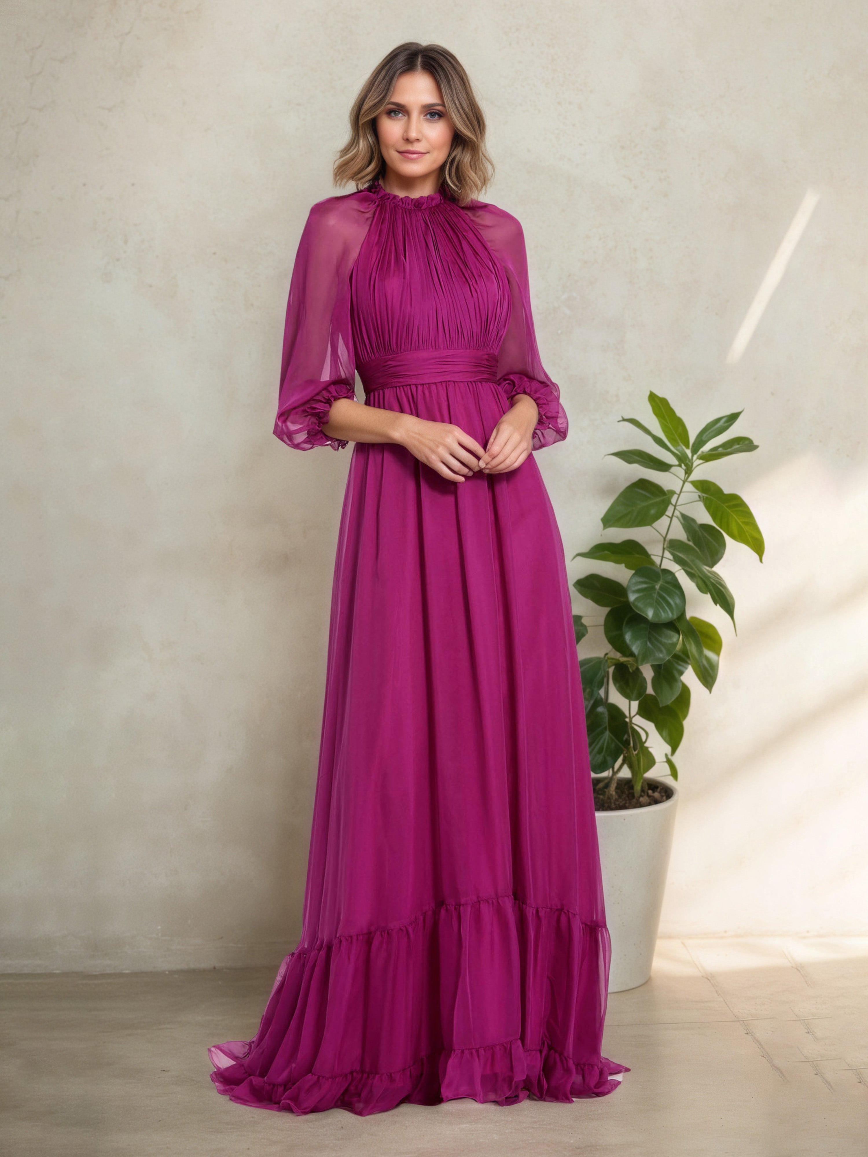 Robe Mère de la Mariée Orchidée à Col Haut Illusion Manches Trois-Quarts Dentellées