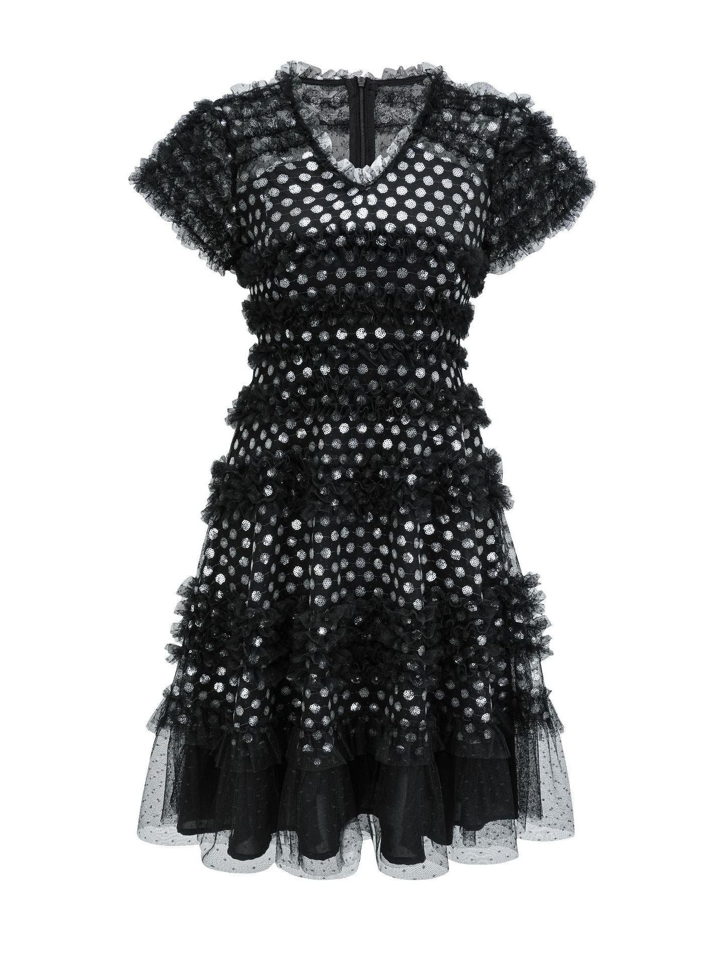 Robe Courte Paillettes Trapèze Col V Manches Courtes Robe de Soirée en Noir