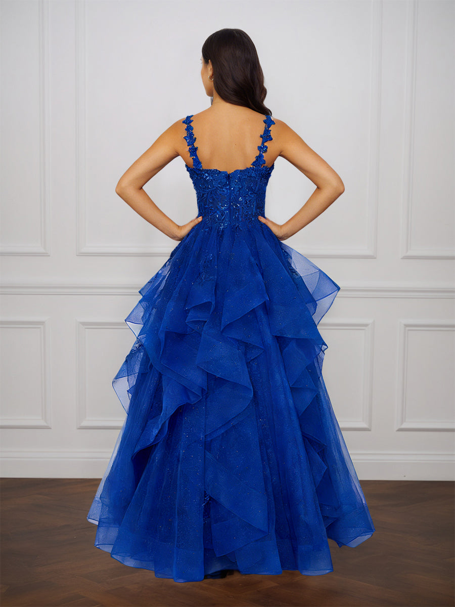 Cicinia Bleu Royal Robe de Soirée Longue en Tulle Appliqués Dentelle A-Line Longueur Sol à Volants