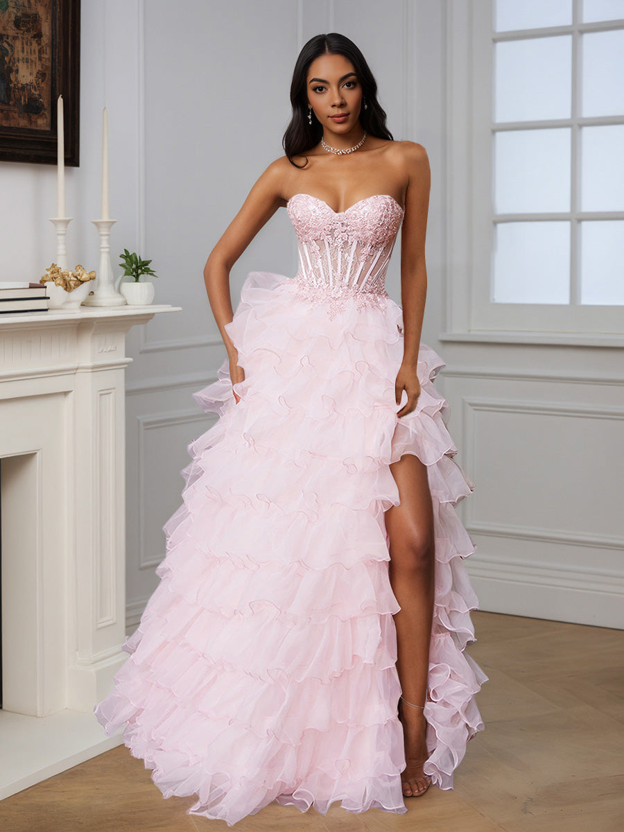 Cicinia Rose Robe de Soirée Princesse Longue à Volants Décolleté Cœur