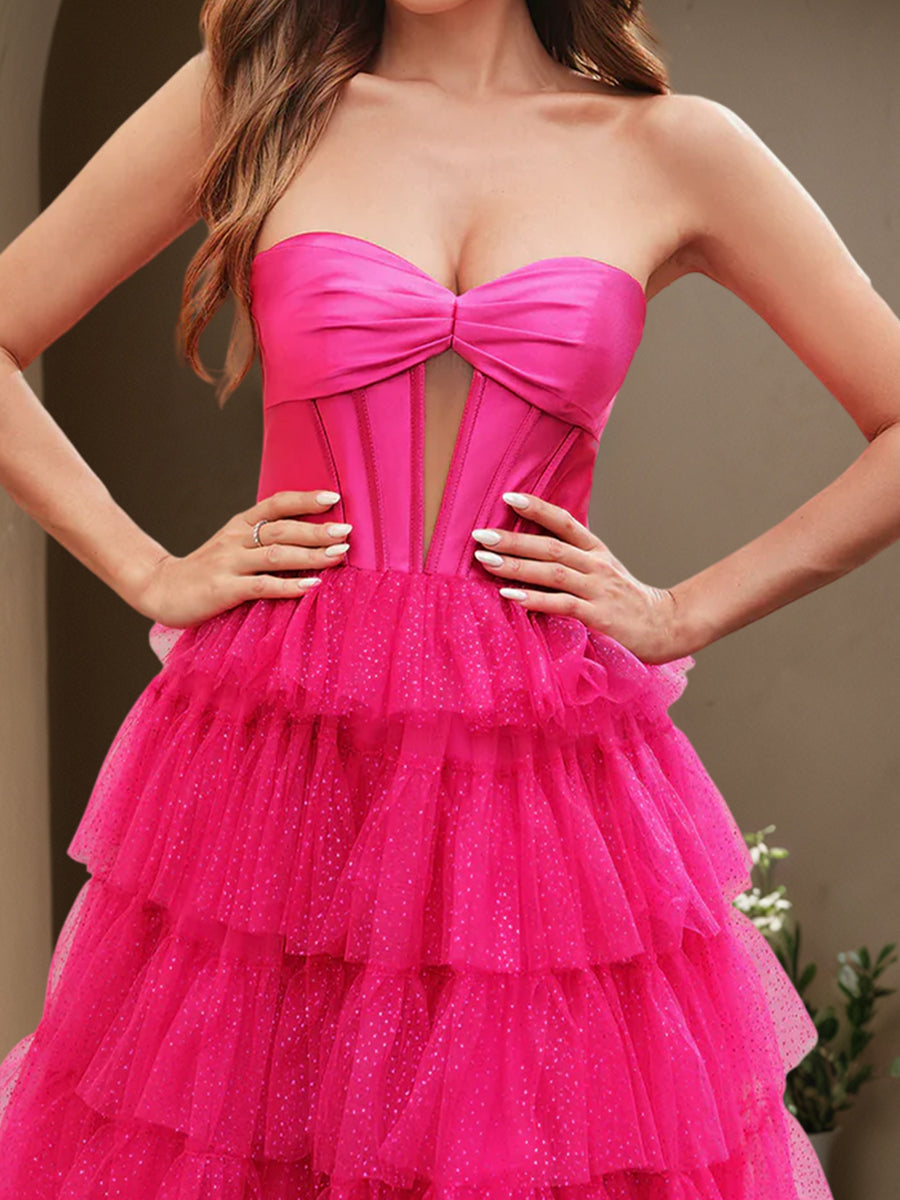 Cicinia Fuchsia Robe de Soirée Longue en Tulle A-Line à Volants Longueur Sol Décolleté Cœur