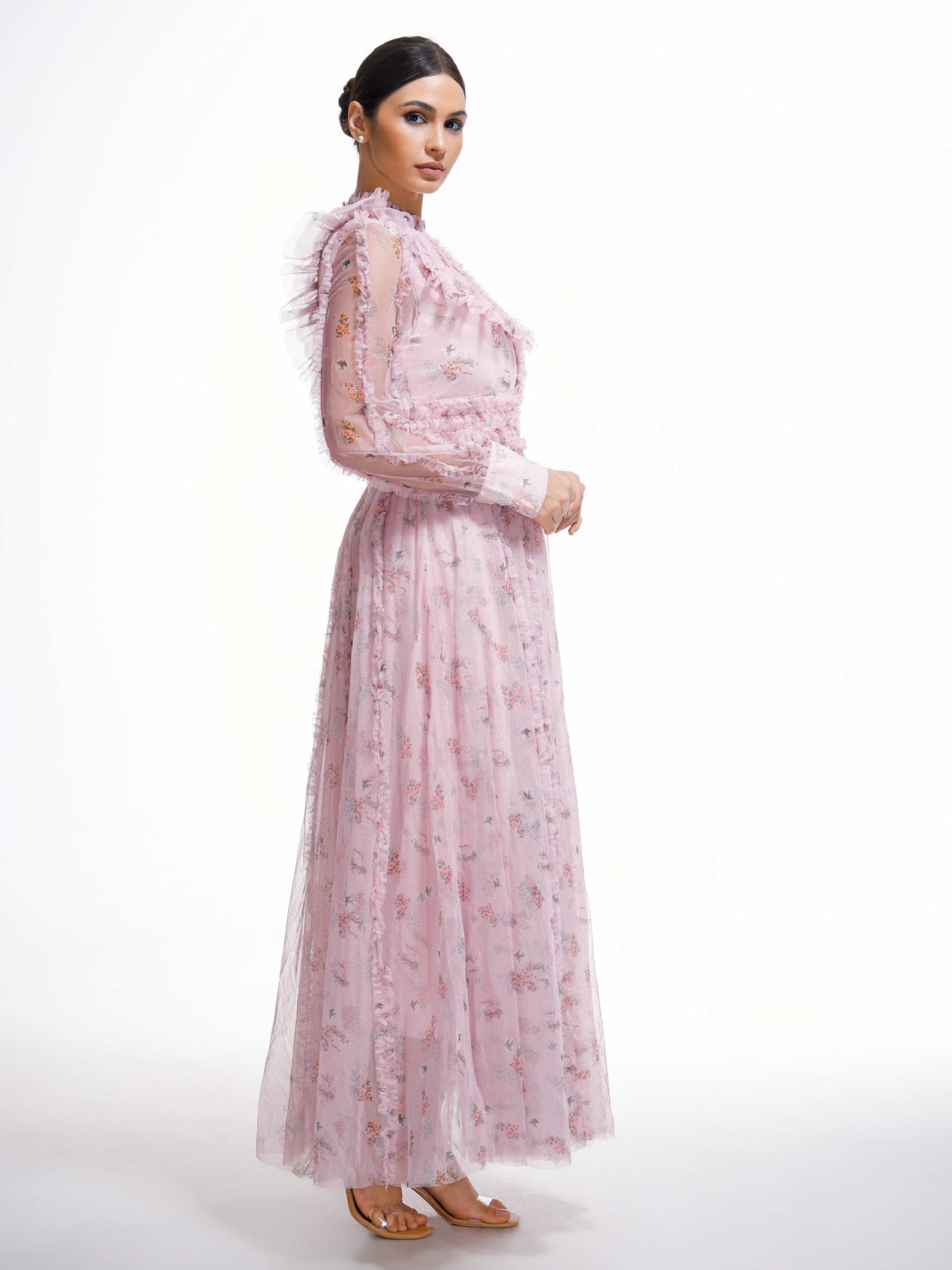 Robe Longue Trapèze Col Rond Manches Longues Robe de Soirée en Rose