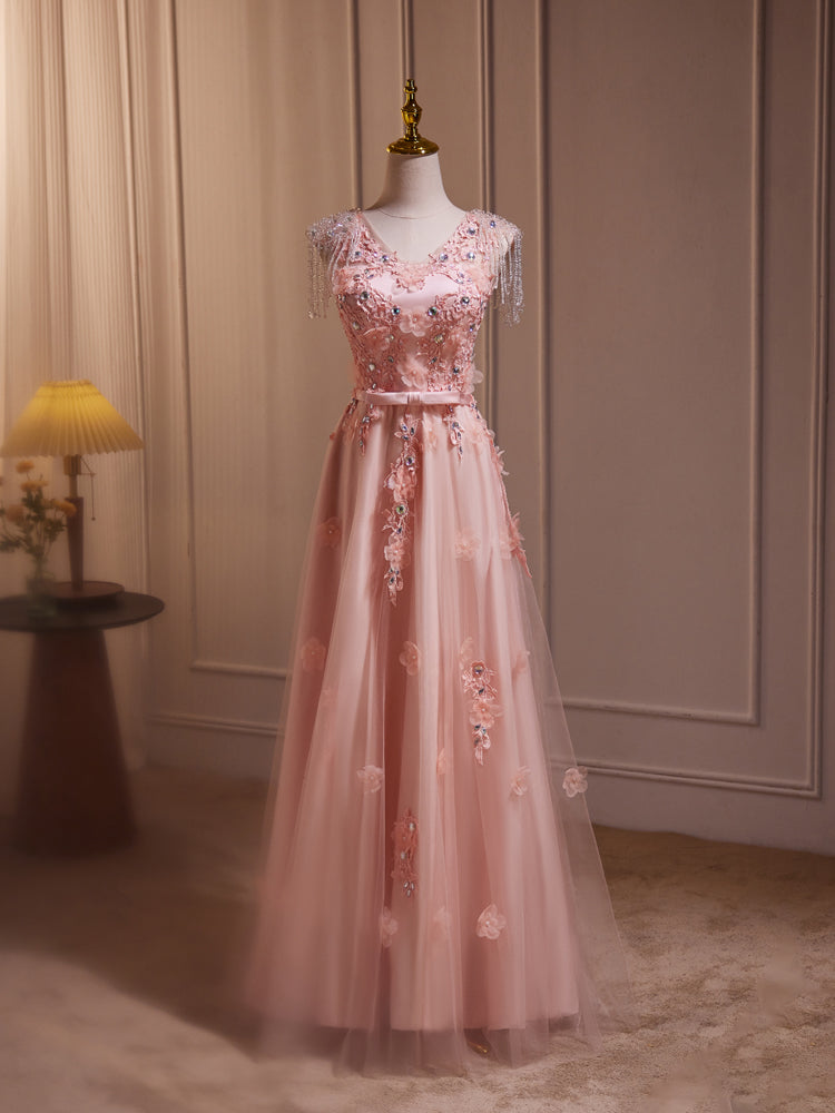 Robe de Soirée en Tulle Col V Rose avec Appliques et Strass