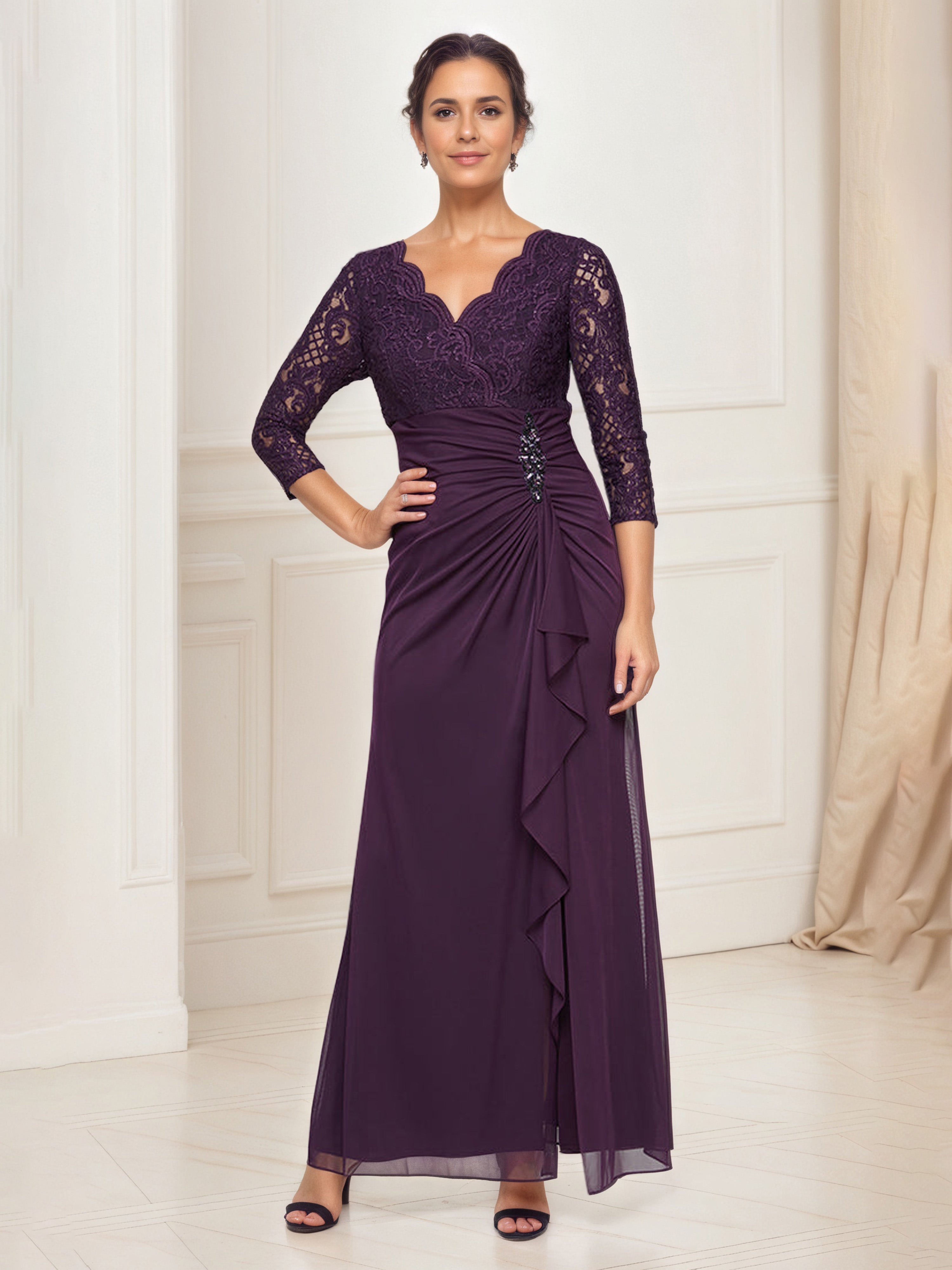Robe Mere dela Mariee Aubergine Col V Illusion Robe Mousseline et Dentelle Manches 3/4