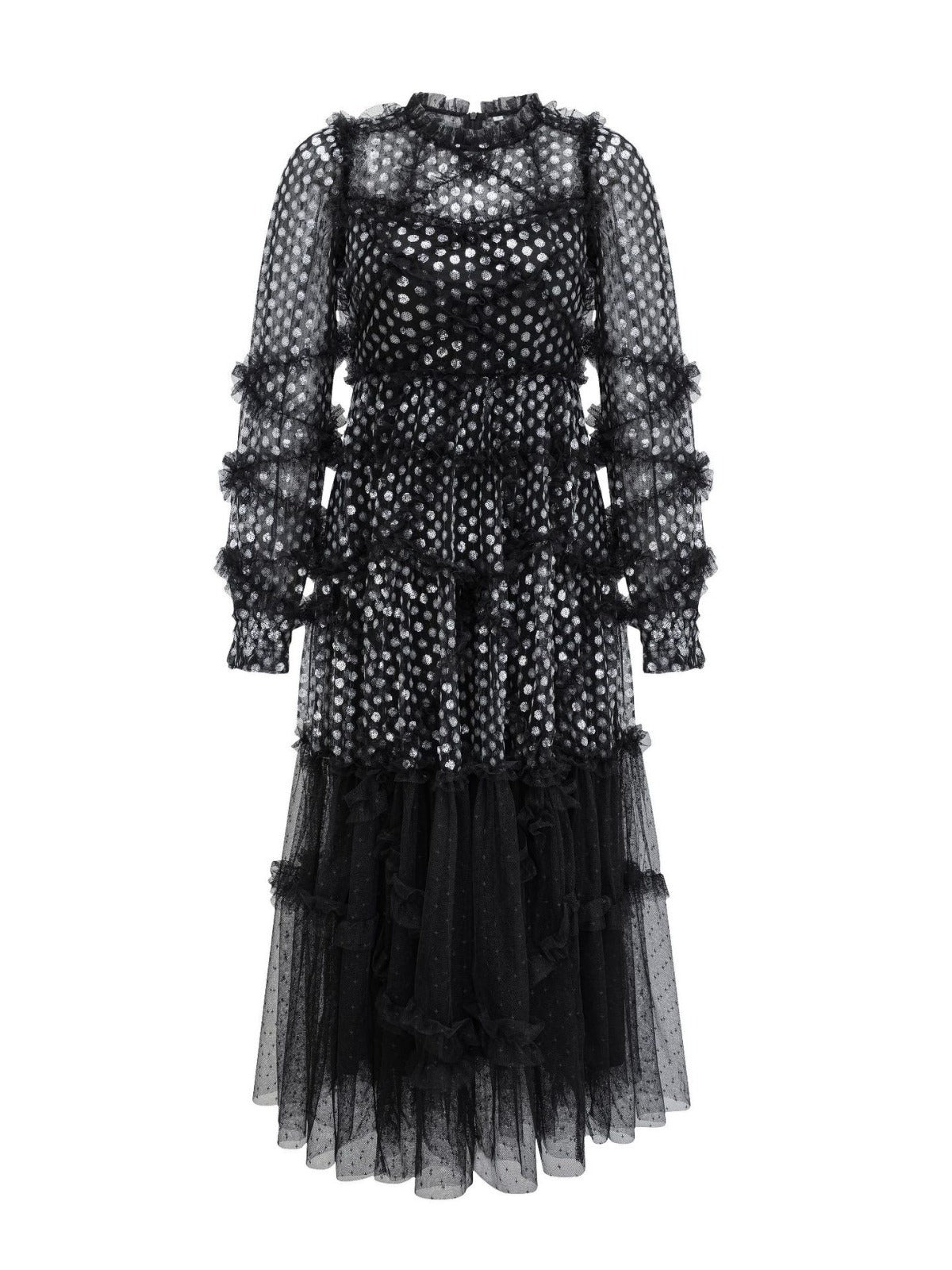 Robe Trapèze Paillettes Col Rond Manches Longues Robe de Soirée en Noir