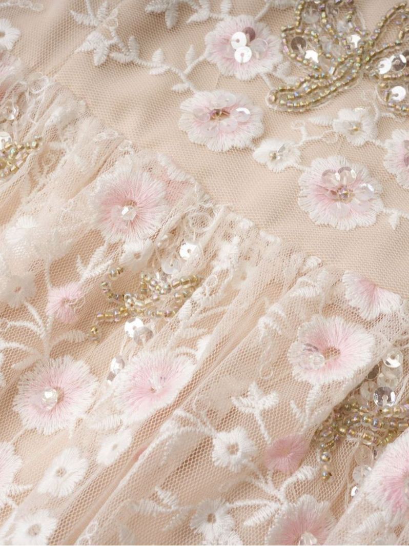 Robe en Tulle Brodée à Fleurs Manches 3/4 Robe de Soirée