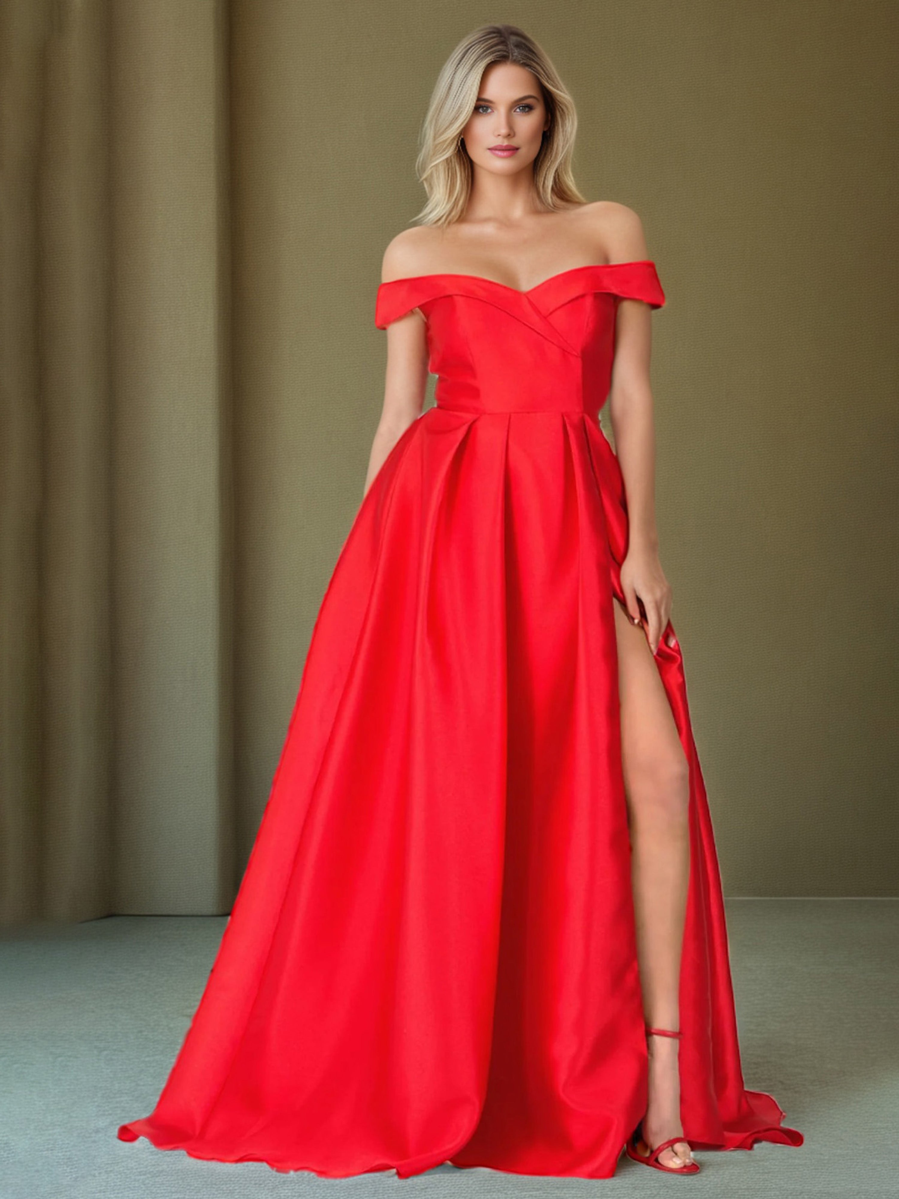Robe de Soirée Rouge Epaule Dénudée Trapèze Robe de Soirée en Satin