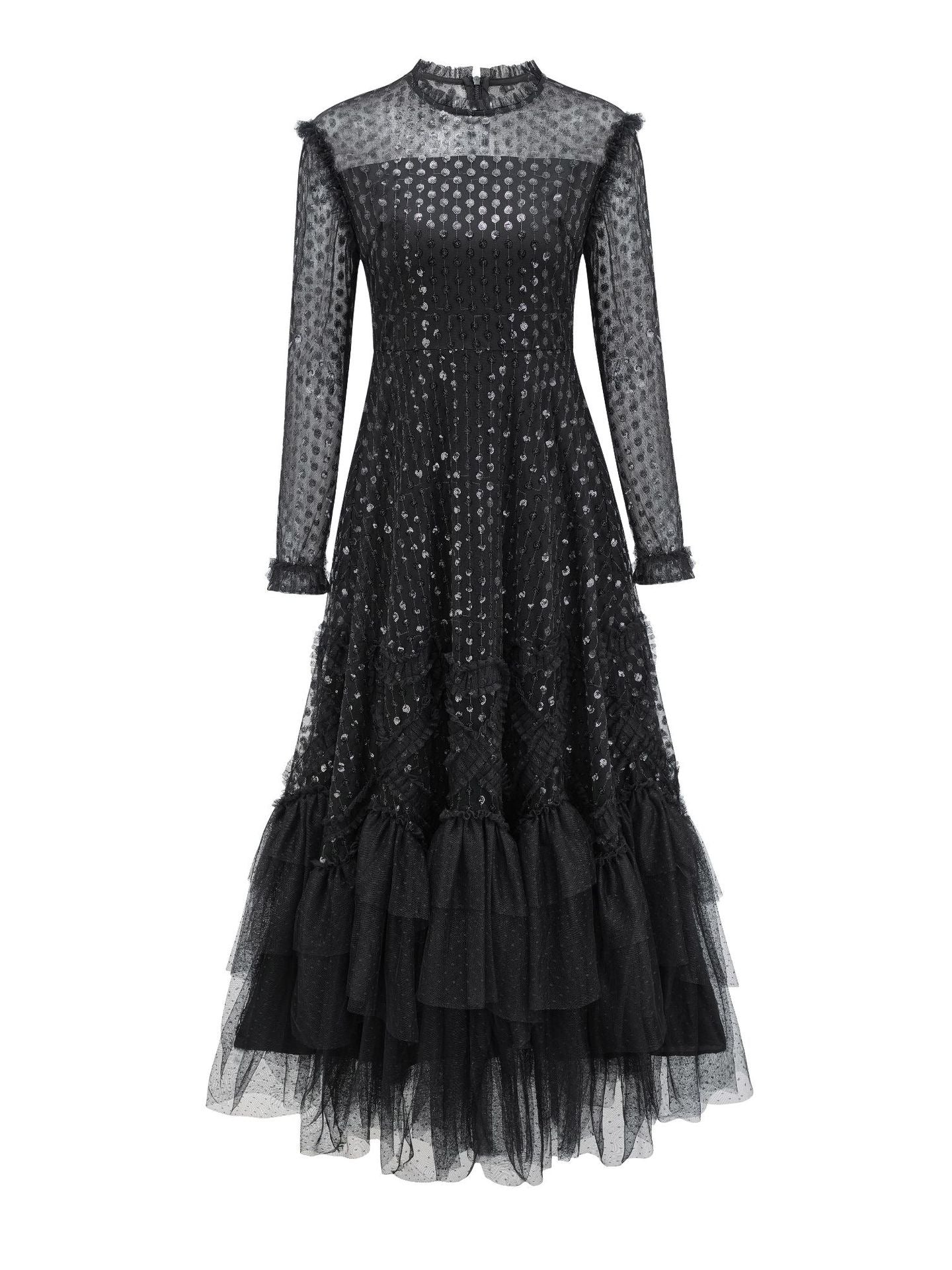 Robe Longue Paillettes Trapèze Col Rond Manches Longues Robe de Soirée en Noir