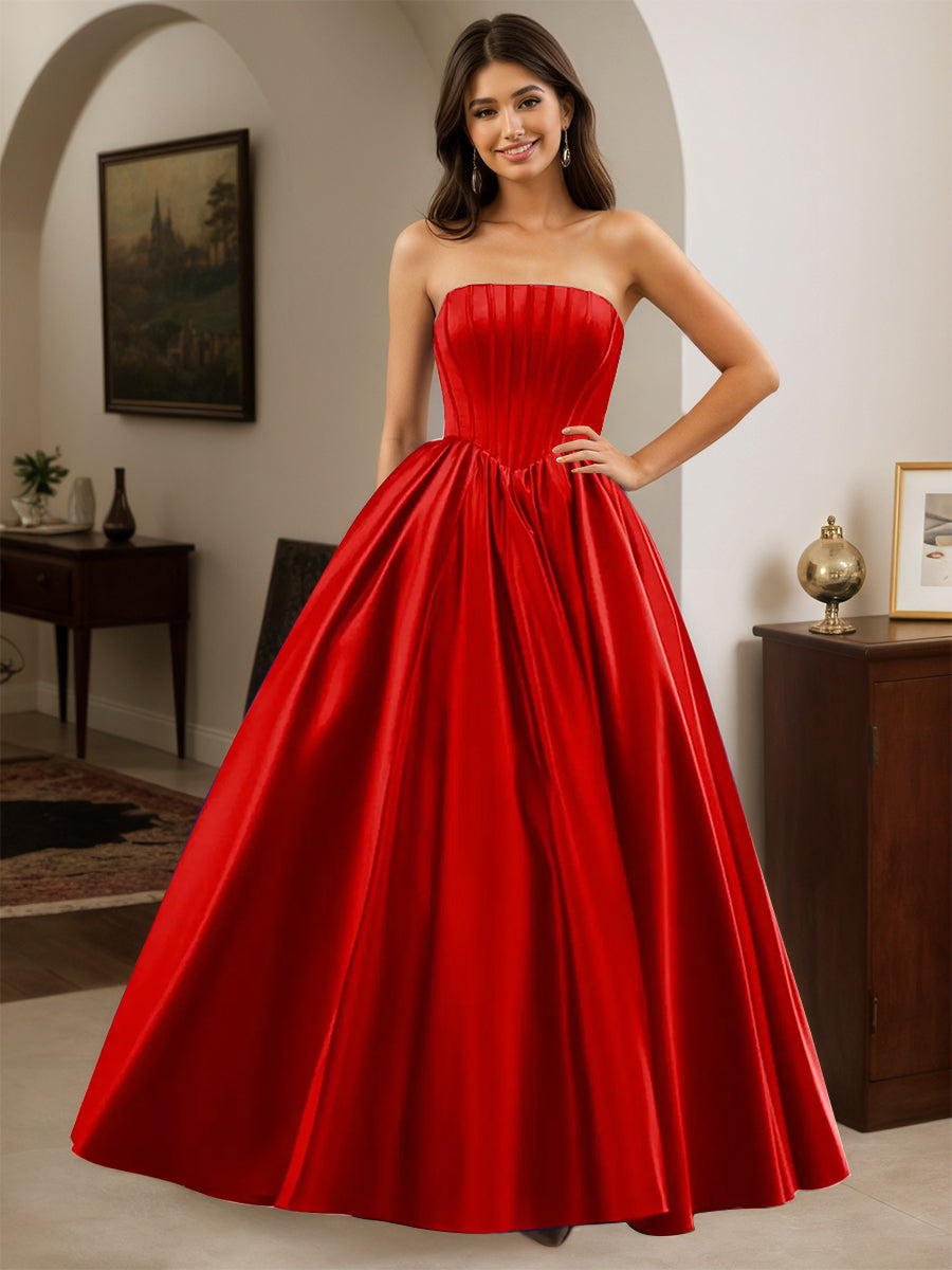 Cicinia Rouge Robe de Soirée Longue A-Line en Satin sans Bretelles Longueur Sol