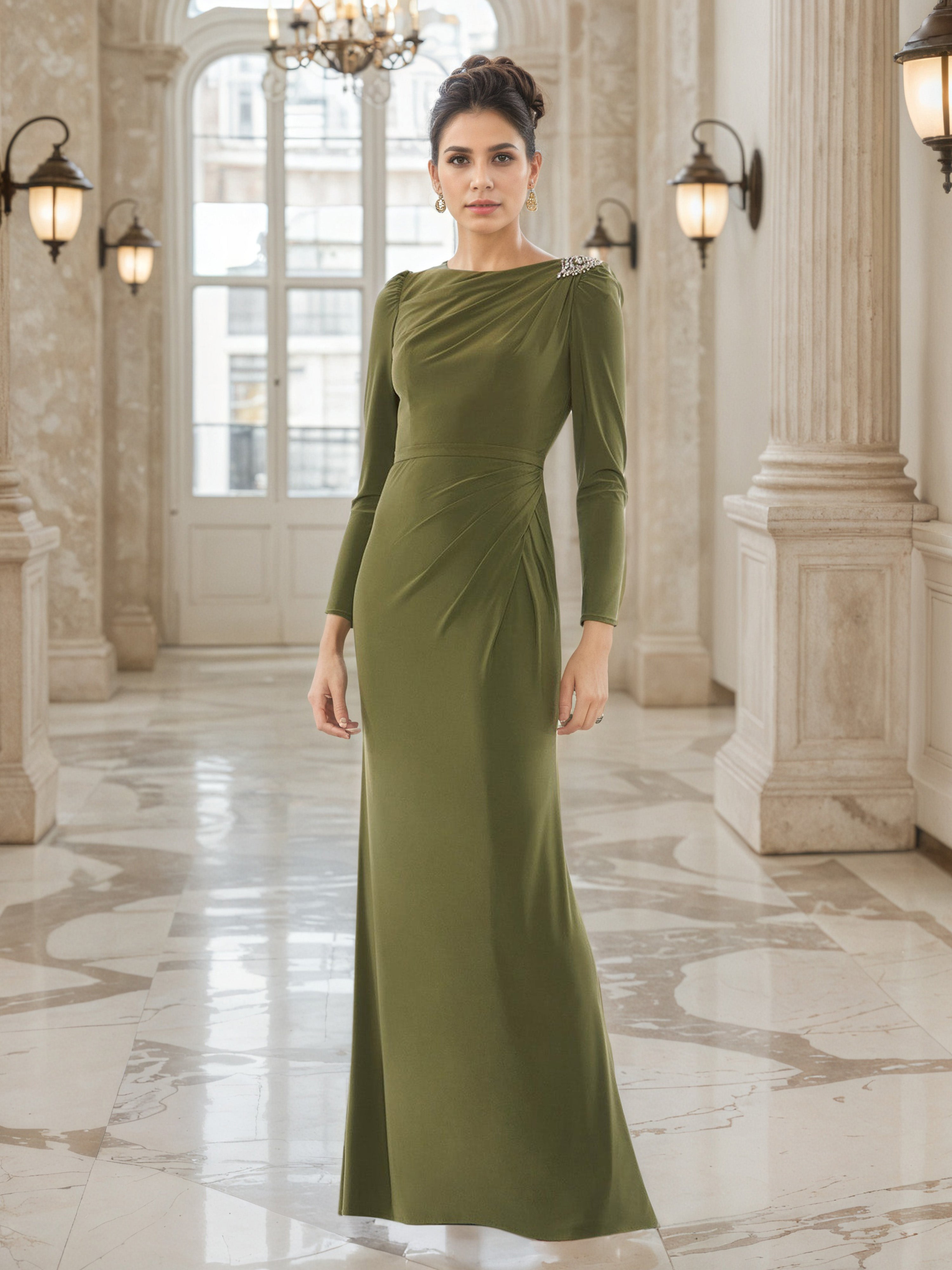 Robe de Soirée VERT_OLIVE Col ras du cou Fourreau/Colonne à Manches Longues