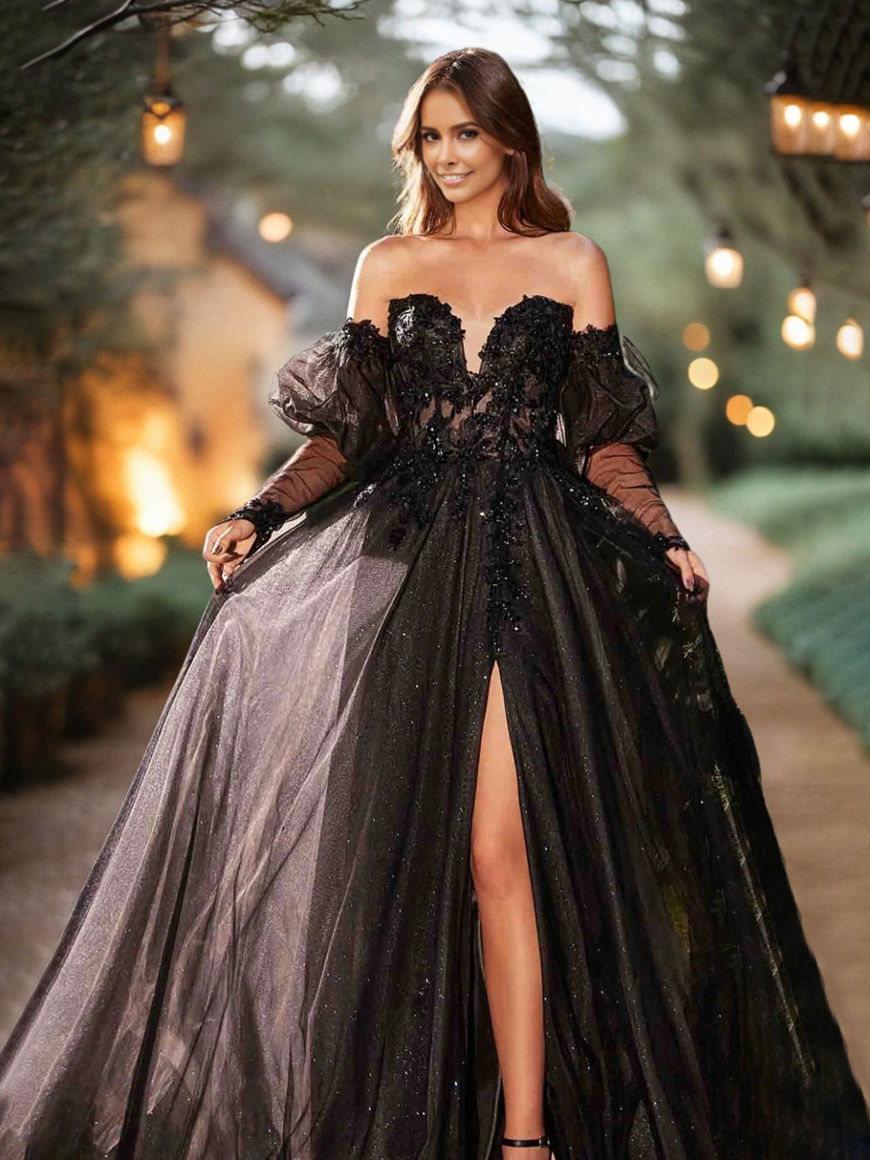 Robe de Soirée Noir Col Bustier Trapèze Fendue avec Applications en Dentelle et Tulle Brillant