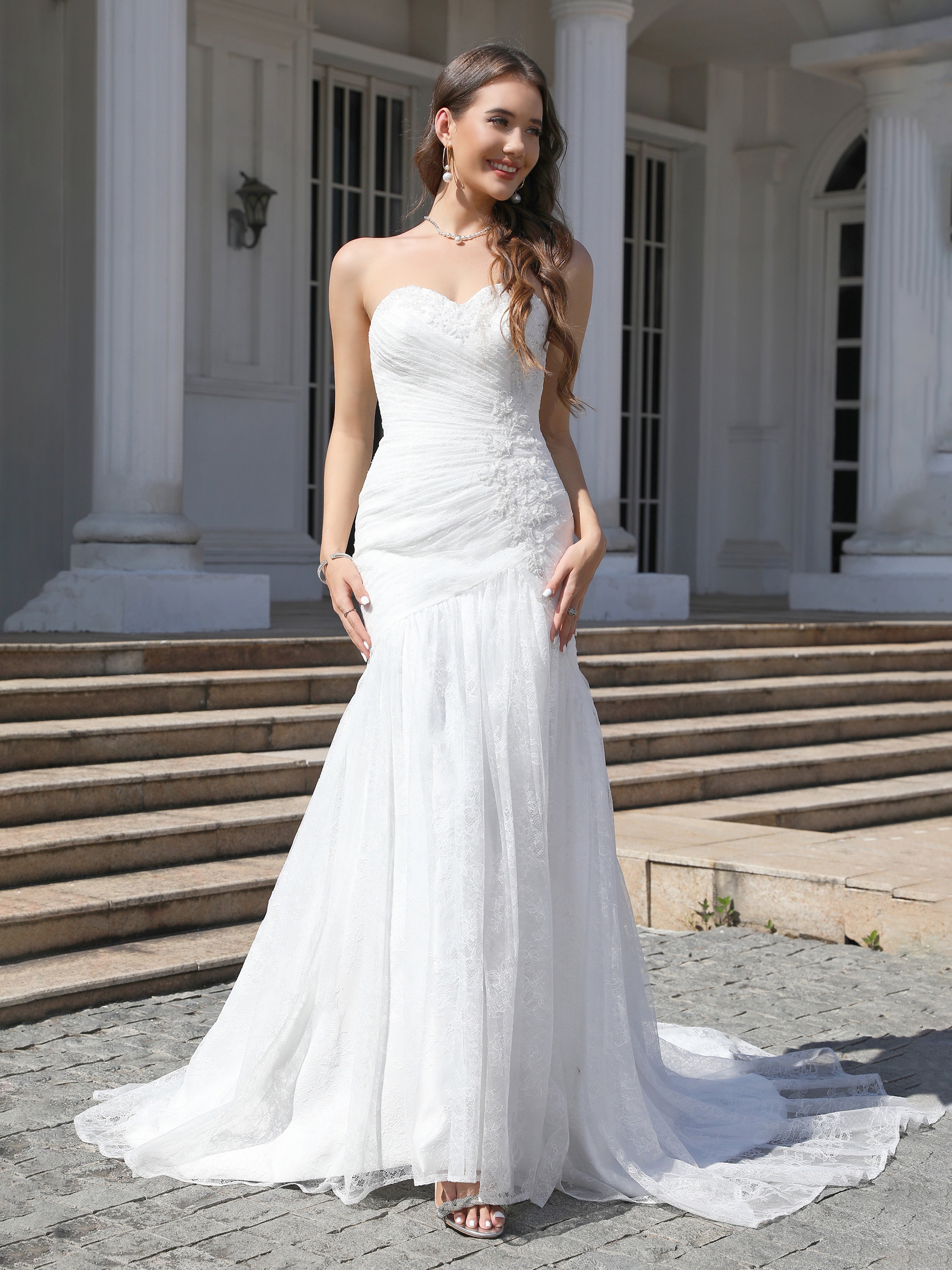 Cache Cœur Dentelle&Tulle Robe de Mariage Trompette/Sirène avec Traîne de balayage / pinceau
