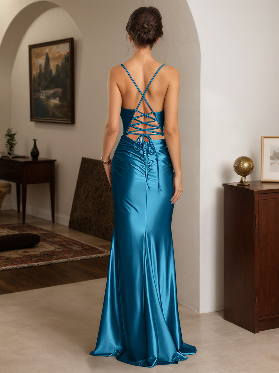 Cicinia Robe de Soirée Bleue Longue en Satin Extensible Fourreau à Bretelles Spaghetti Dos Nud Chic