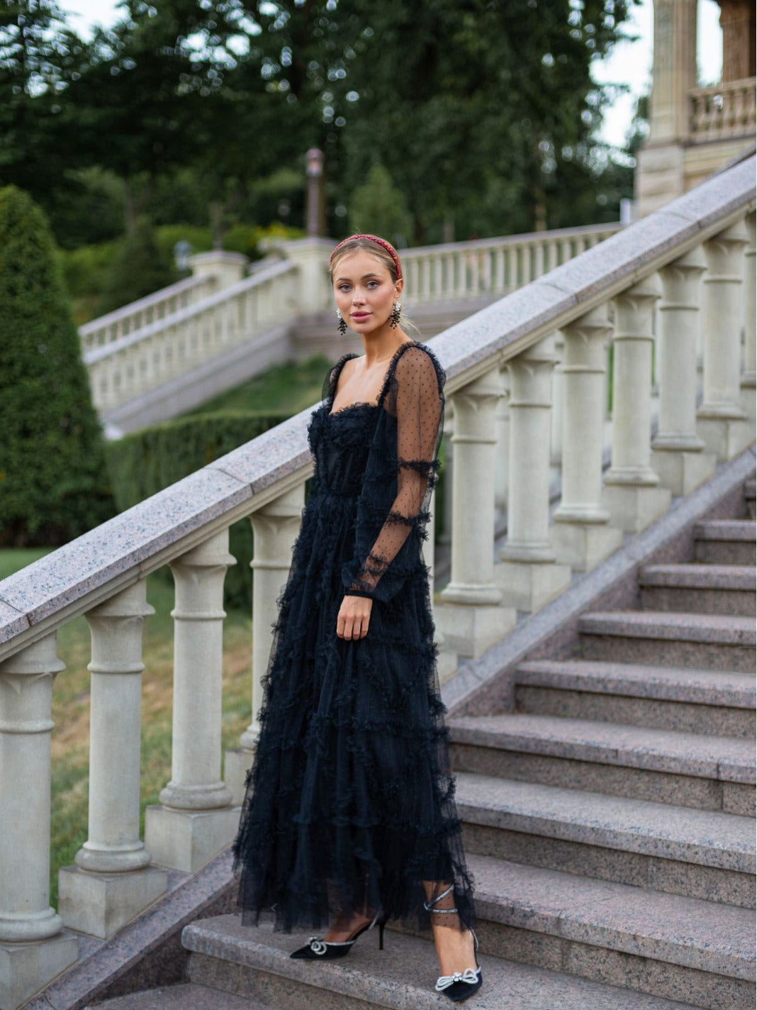 Robe Trapèze Cache Cœur Manches Longues Robe de Soirée en Noir