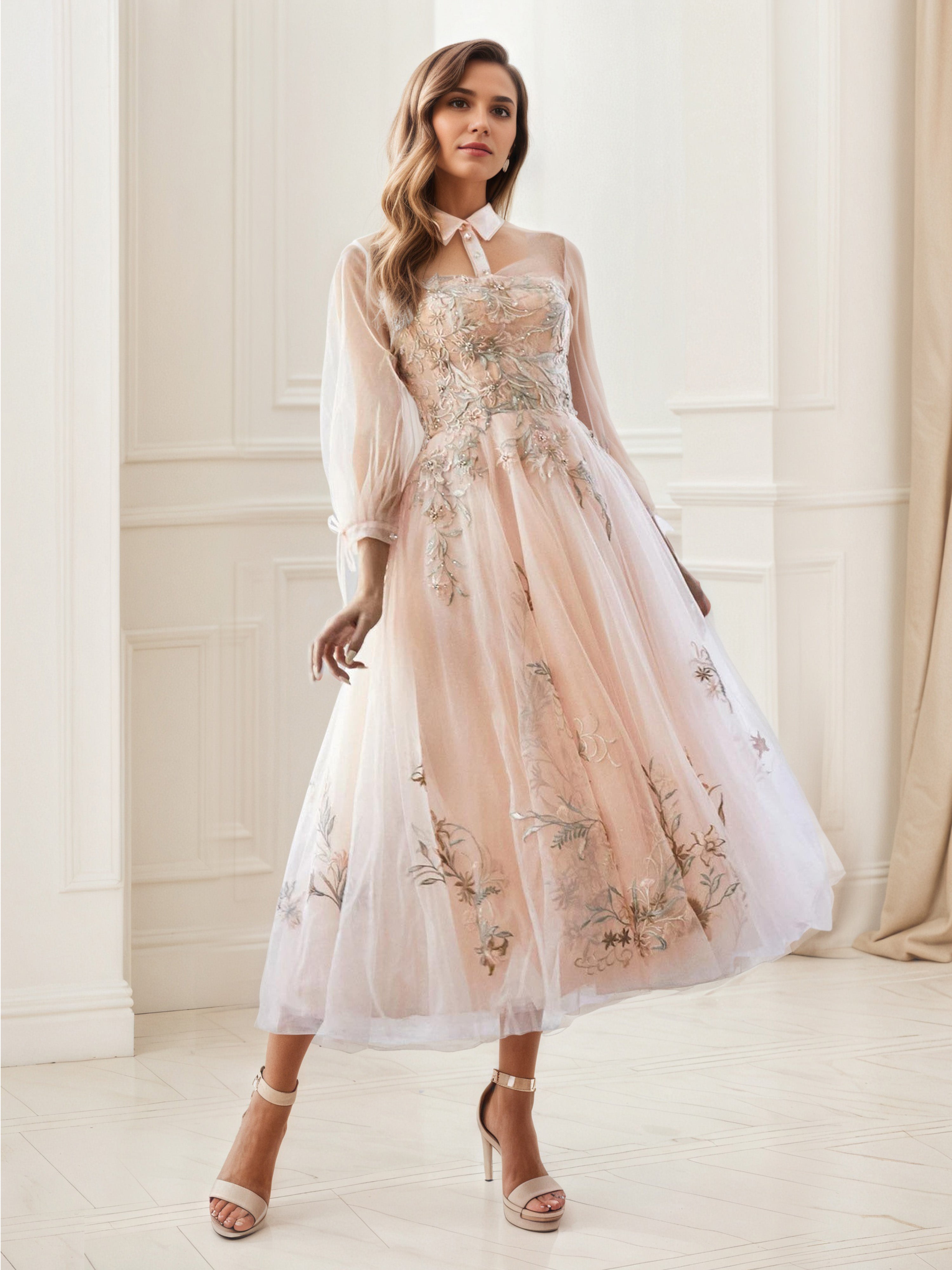 Robe de Soirée Classique ROSE_PERLE Col Chemise Robe en dentelle brodée Trapèze à Manches Longues