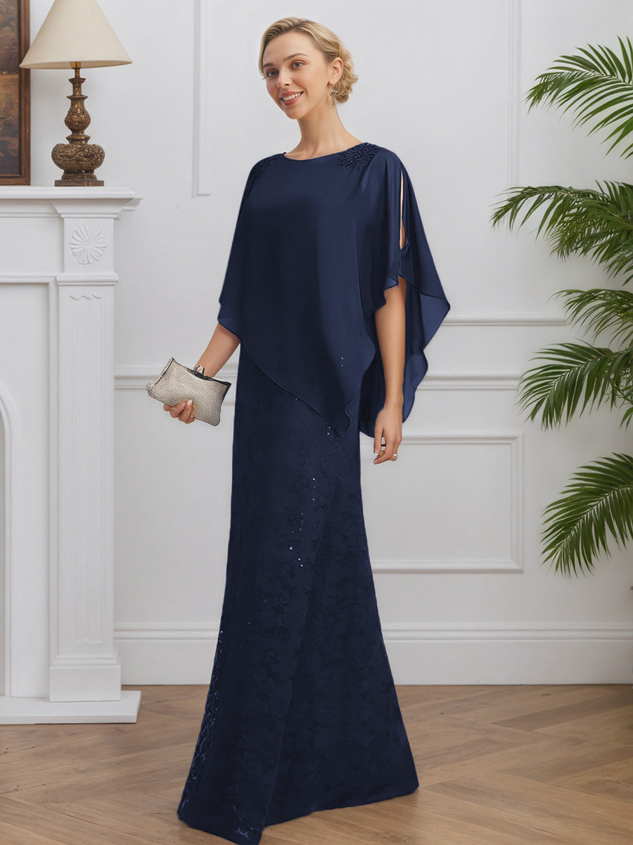 Cicinia Bleu Marine Robe pour Mère de la Mariée Longue en Mousseline et Dentelle Longueur Sol Élégante