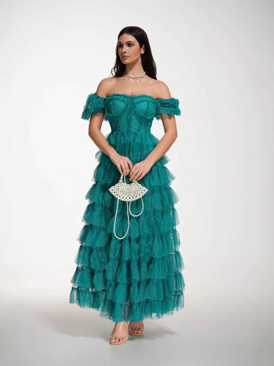 Robe Longue Trapèze Cache Cœur Manches Courtes Robe de Soirée en Paon