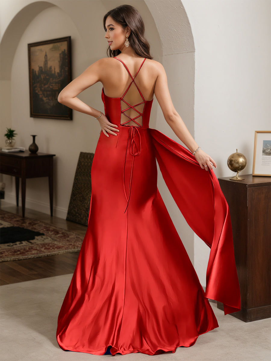 Cicinia Robe de Soirée Rouge Longue Fourreau à Bretelles Spaghetti Fente avec Drapé Latéral