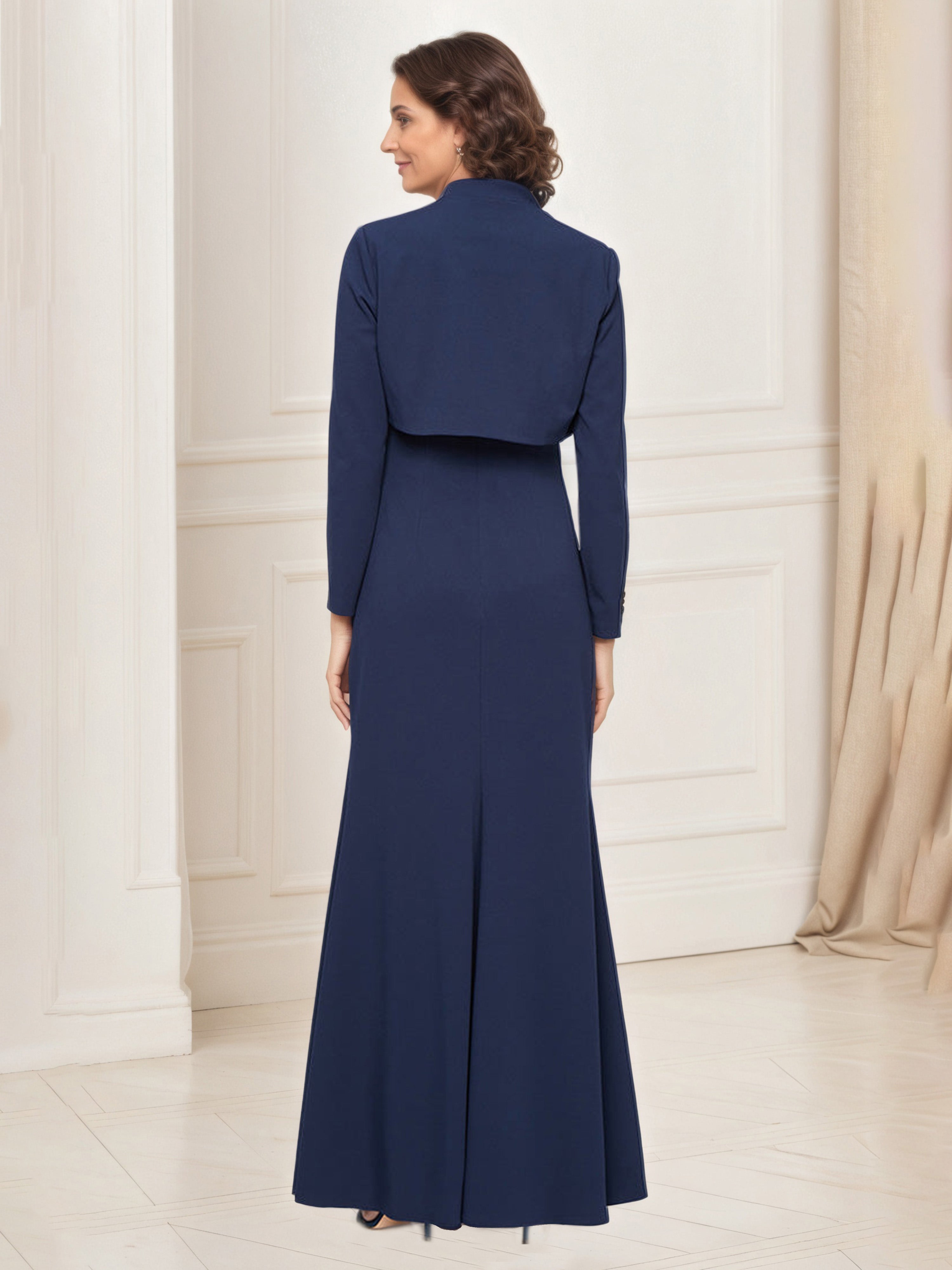 Robe Mère de la Mariée BLEU_MARINE Fourreau/Colonne Col Carré en Fleur 2 Pièce Avec Veste