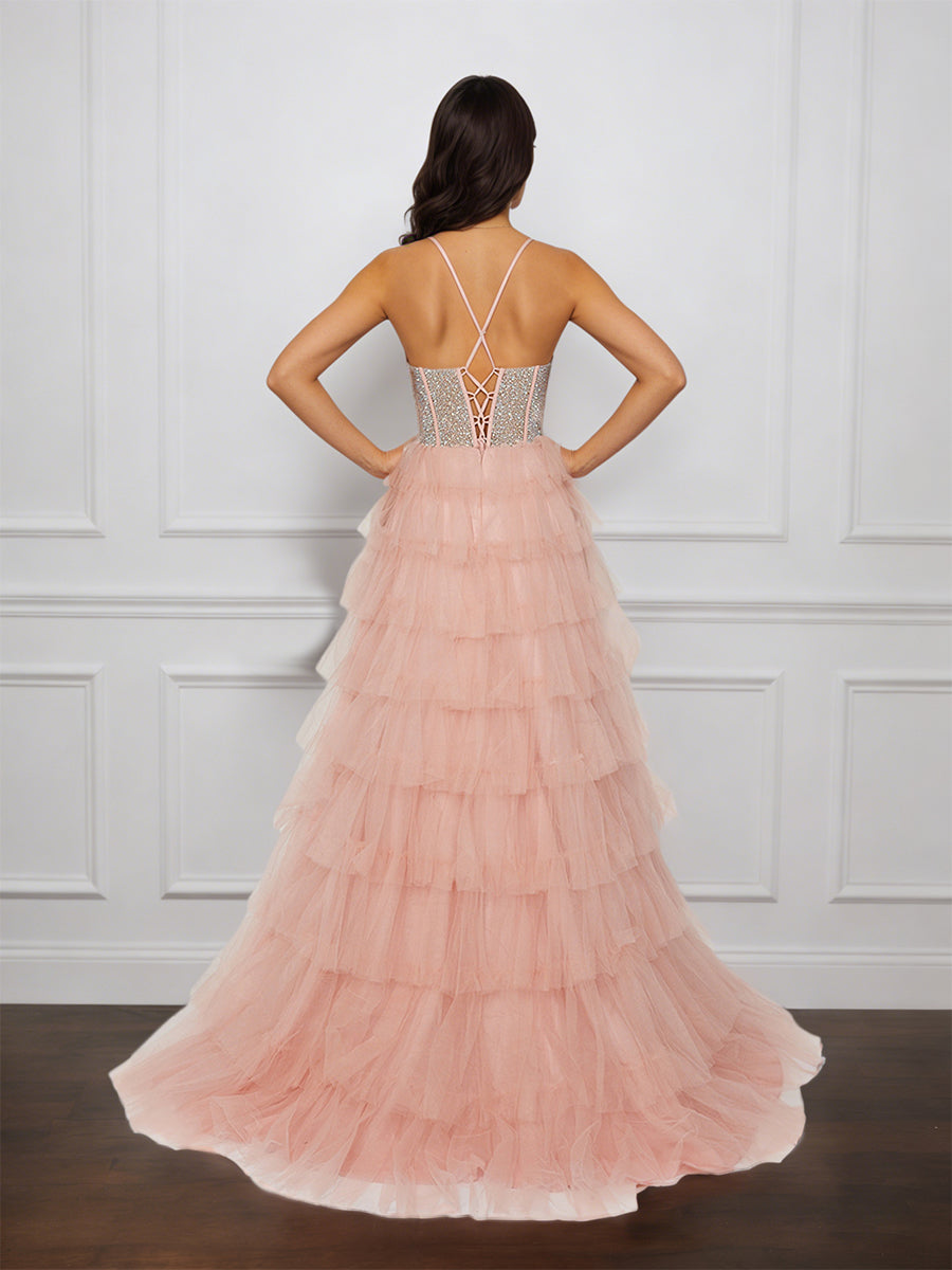 Cicinia Rose Perlé Robe de Soirée Longue en Tulle A-Line Bretelles Spaghetti Fente à Volants