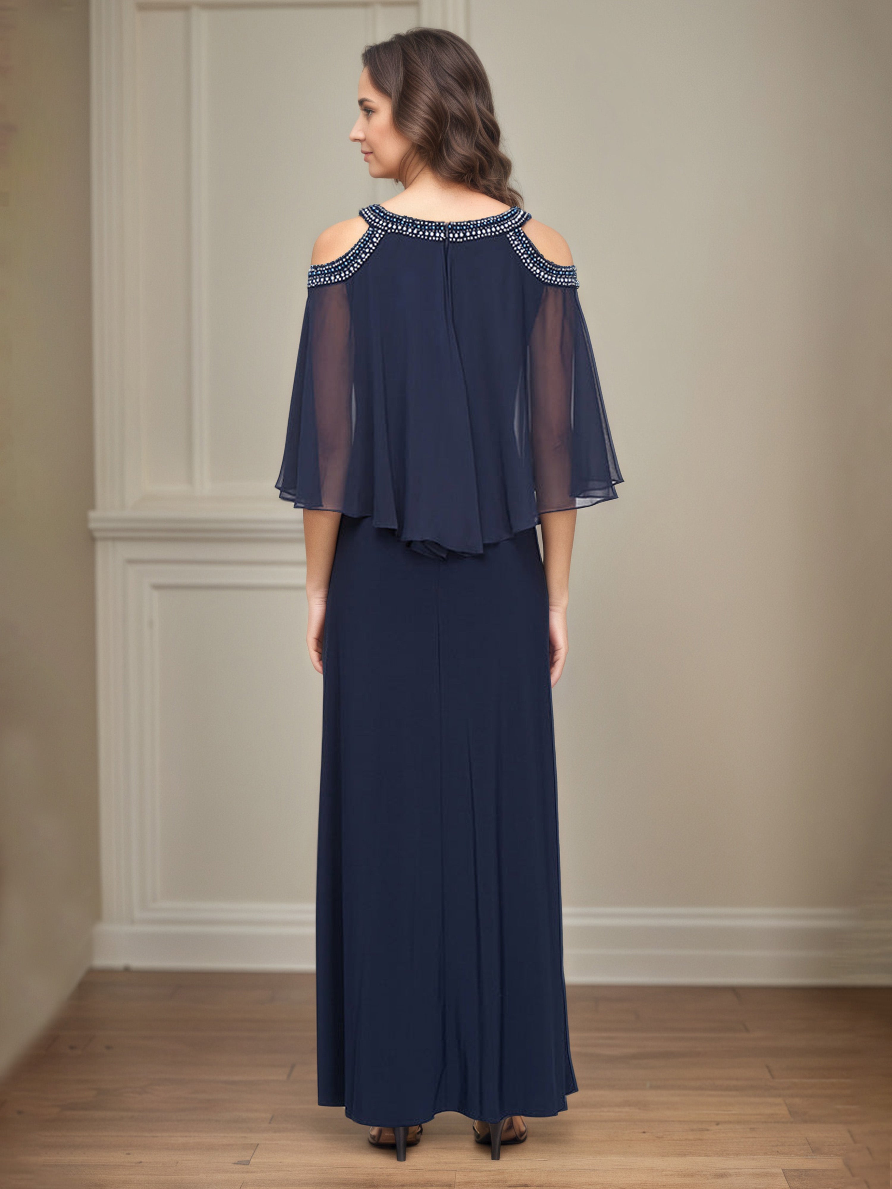 Robe Mère de la Mariée BLEU MARINE Trapèze à Epaules Dénudées et Col Perlé