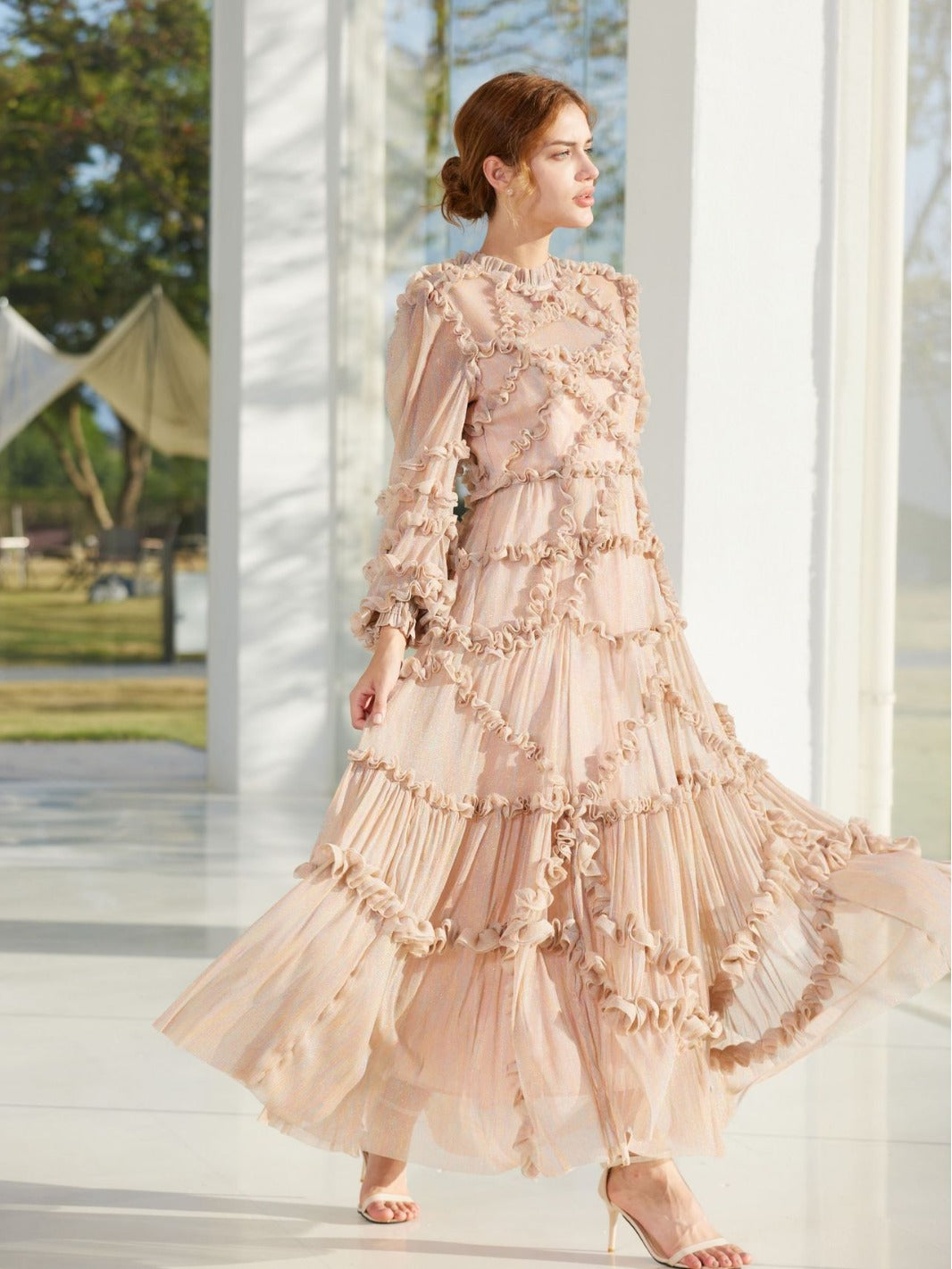 Robe Trapèze Empire Col Rond Manches Longues Robe de Soirée en Rose