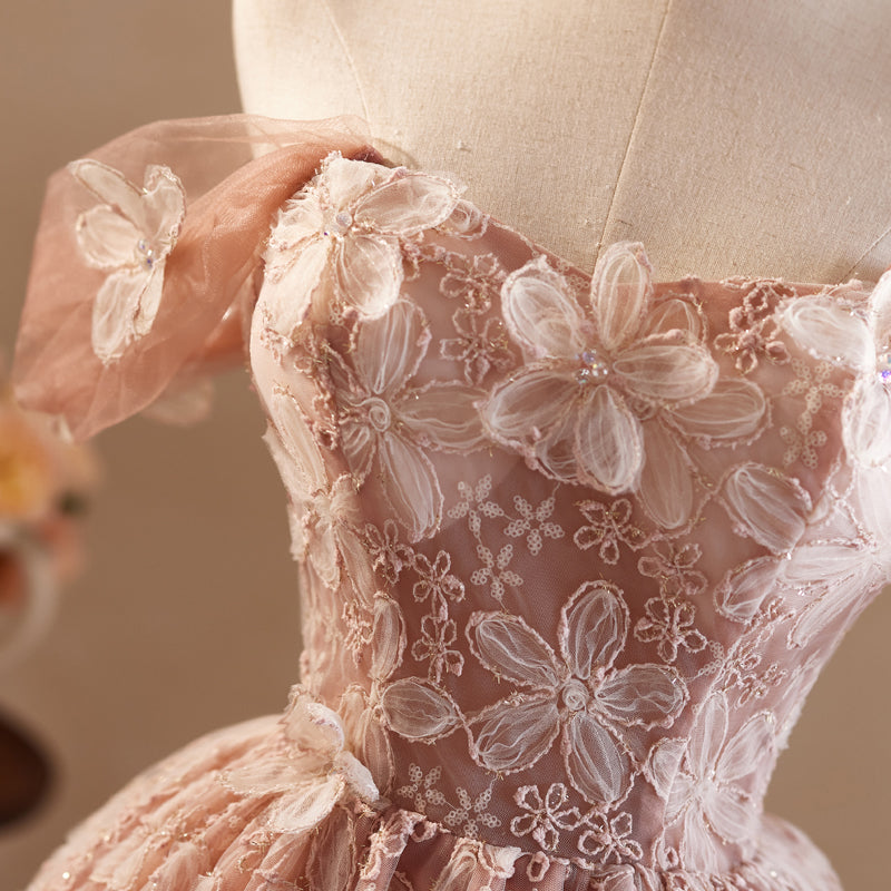 Robe de bal Rose en Tulle et Dentelle à Épaules Dénudées avec Appliques de Fleurs