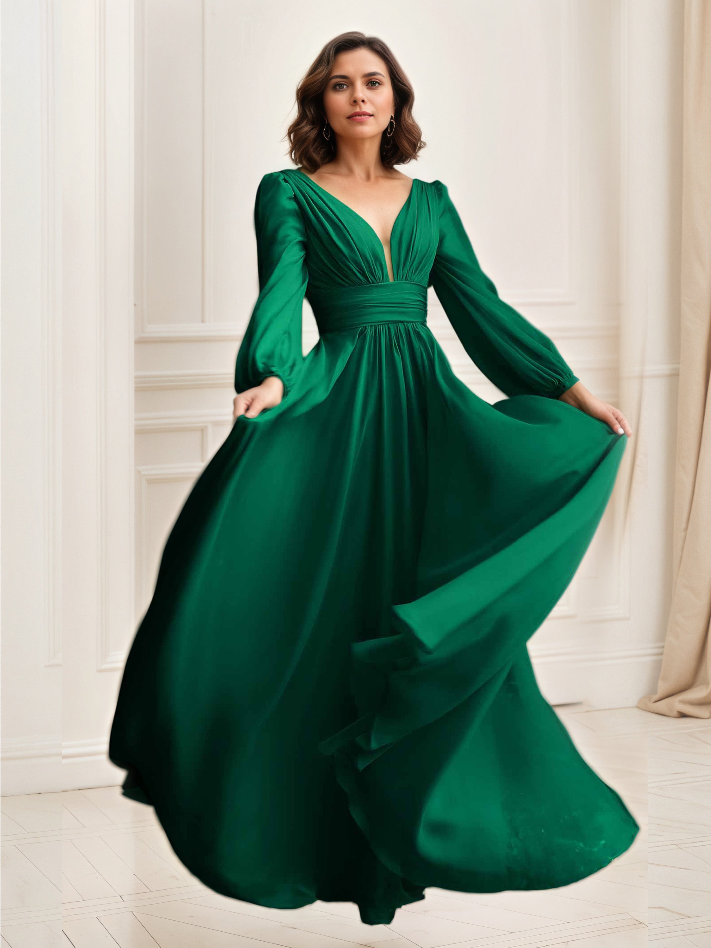 Robe de Soirée VERT_FONCE Col V Robe Mousseline Trapèze Manches Longue Robe Plissée