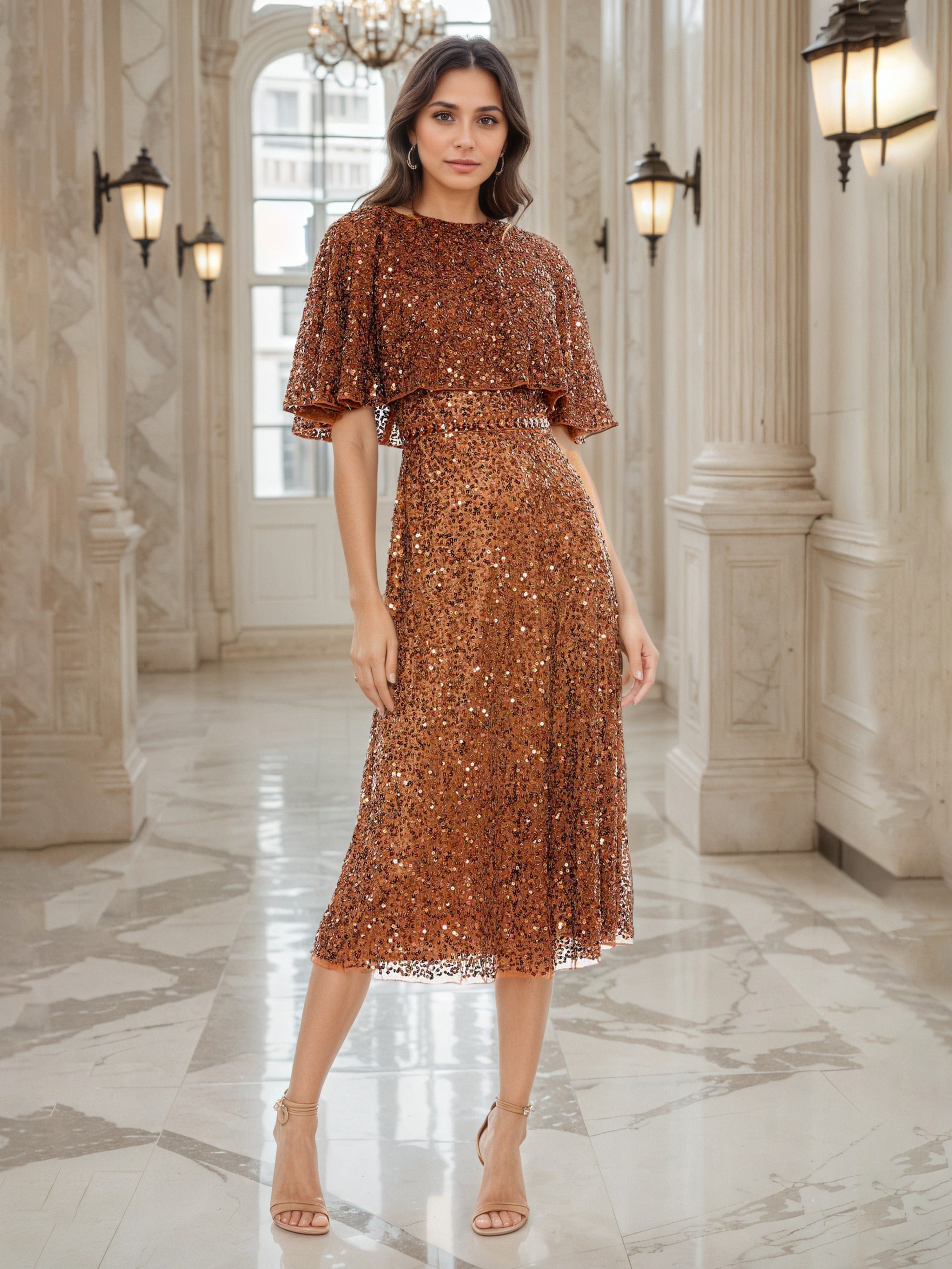 Robe de Soirée Mi-Longue TERRE_CUITE En Paillettes Col ras du cou Trapèze Avec Demi-Manches à Volants