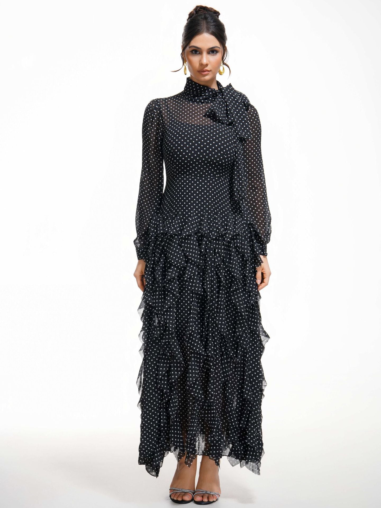 Robe Noeud Papillon Trapèze Col Roulé Mi-Haut Manches Longues Robe de Soirée en Noir