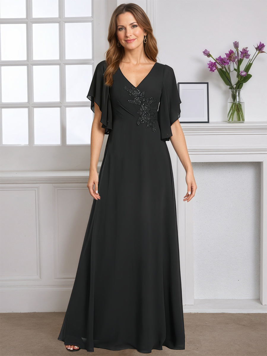 Cicinia Robe pour Mère de la Mariée Noir Longue A-Line en Mousseline Manches Papillons Longueur Sol