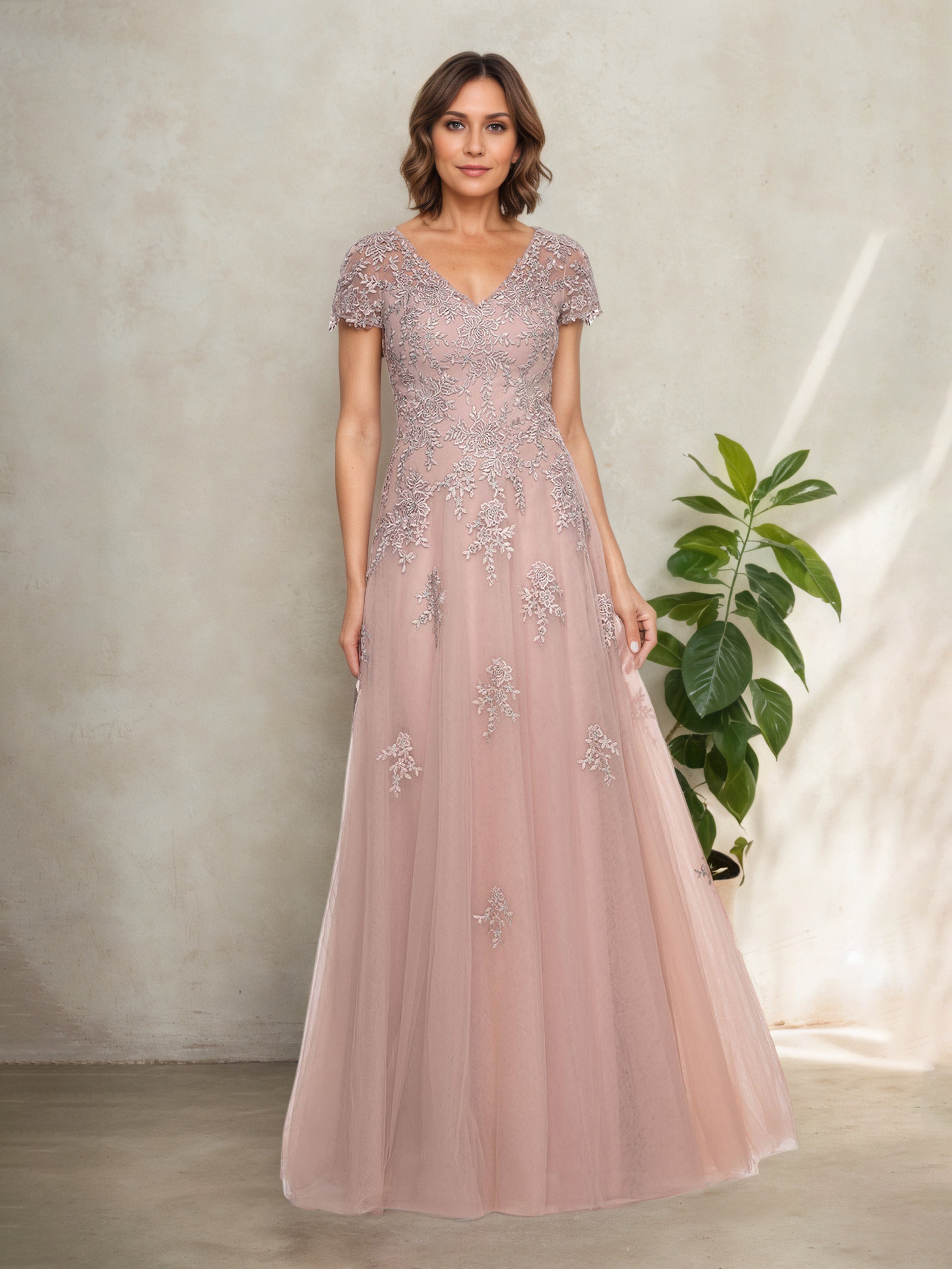 Robe Mère de la Mariée Rose Poudré en Dentelle Manches Courtes à Décolleté en V