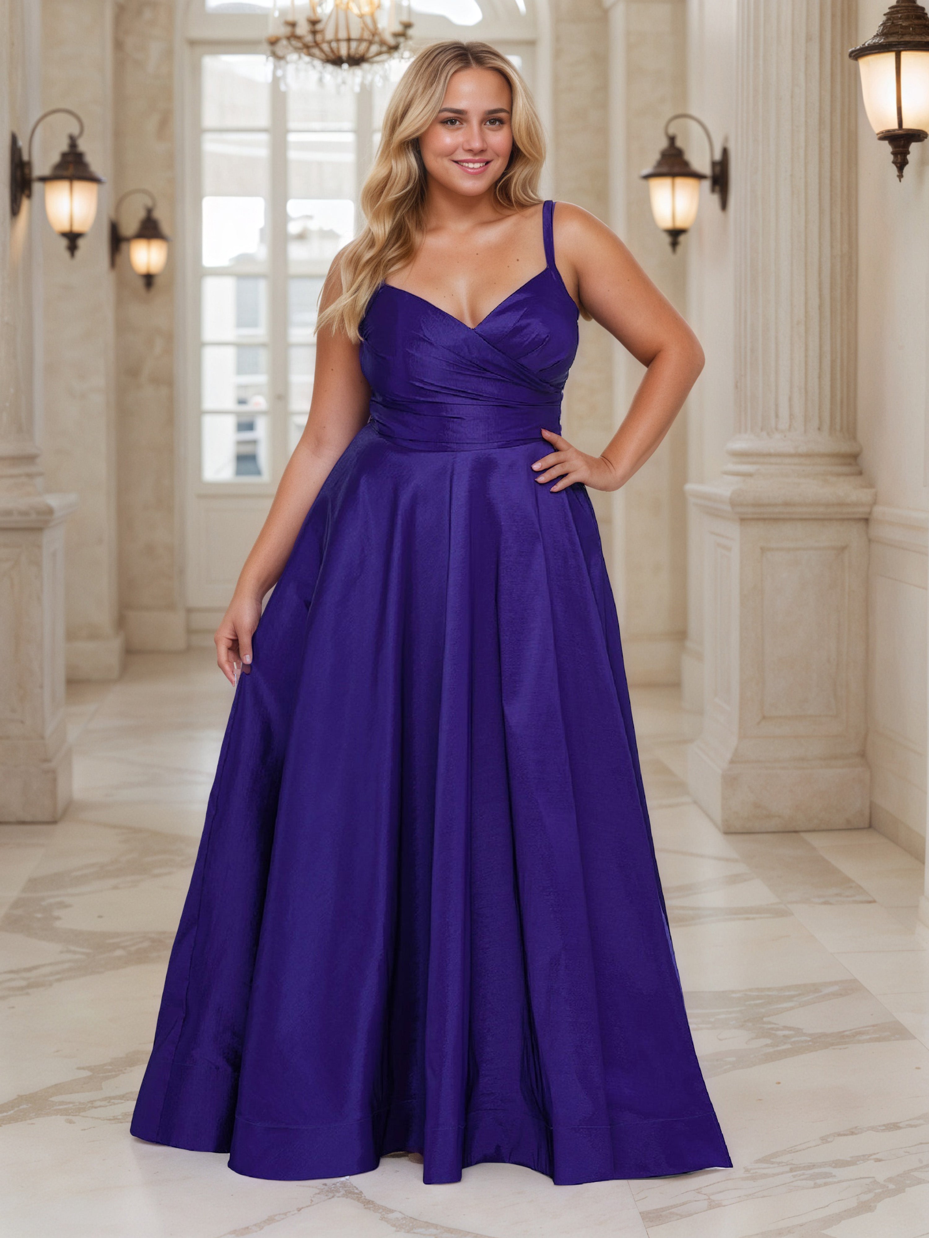Robe de Bal REGENCE en Satin à Encolure V et Bretelles Spaghetti Grande Taille Coupe A-Line avec Fente