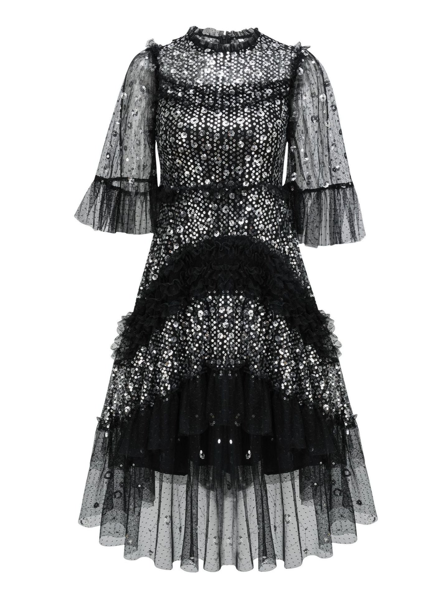 Robe Courte Trapèze Col Rond Paillettes Manches 3/4 Robe de Soirée en Noir