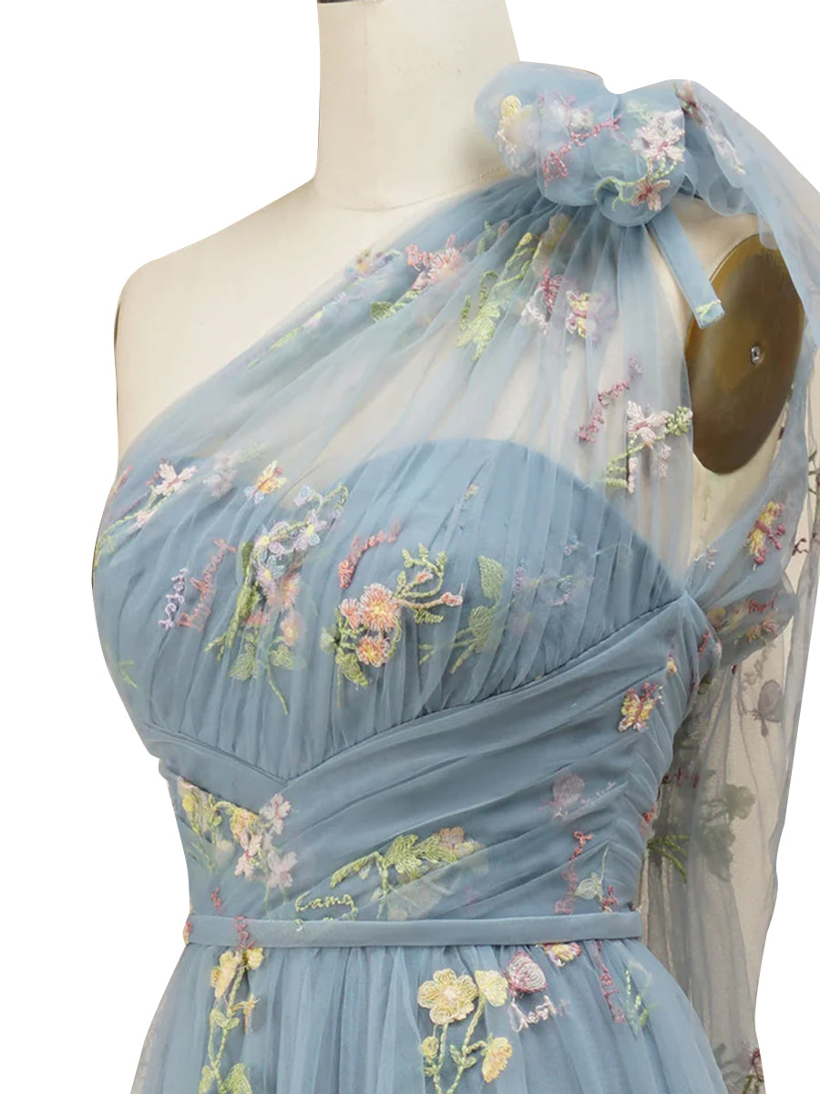 Cicinia Bleu Poussiéreux Robe de Soirée Longue en Dentelle et Tulle A-Line Épaule Dénudée sans Manches Longueur Sol