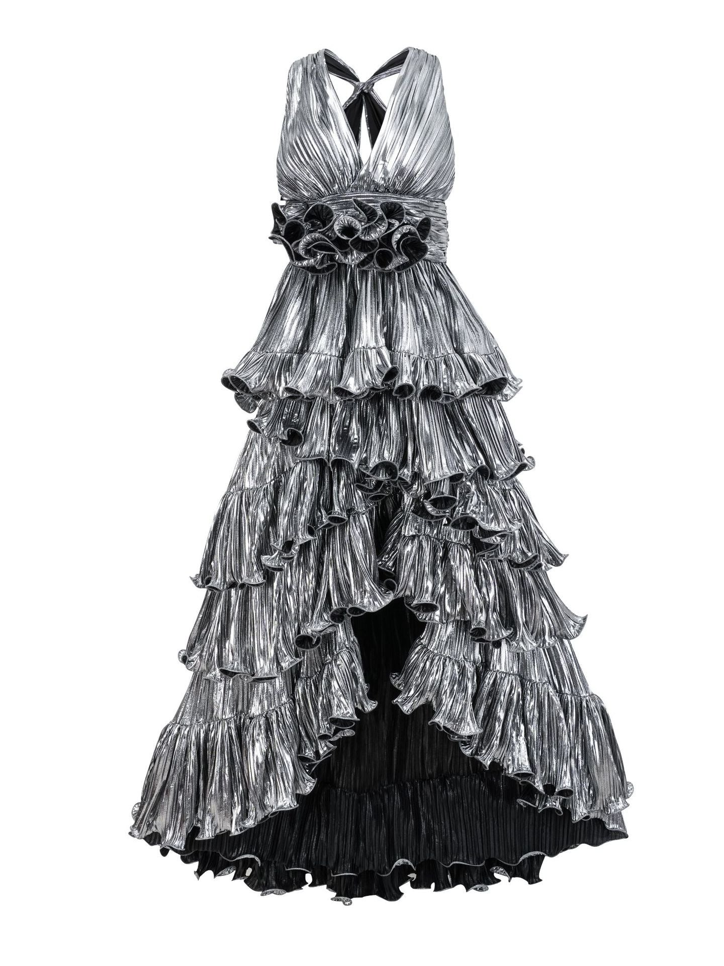 Robe Longue Asymétrique Col V Sans Manches Robe de Soirée en Argent