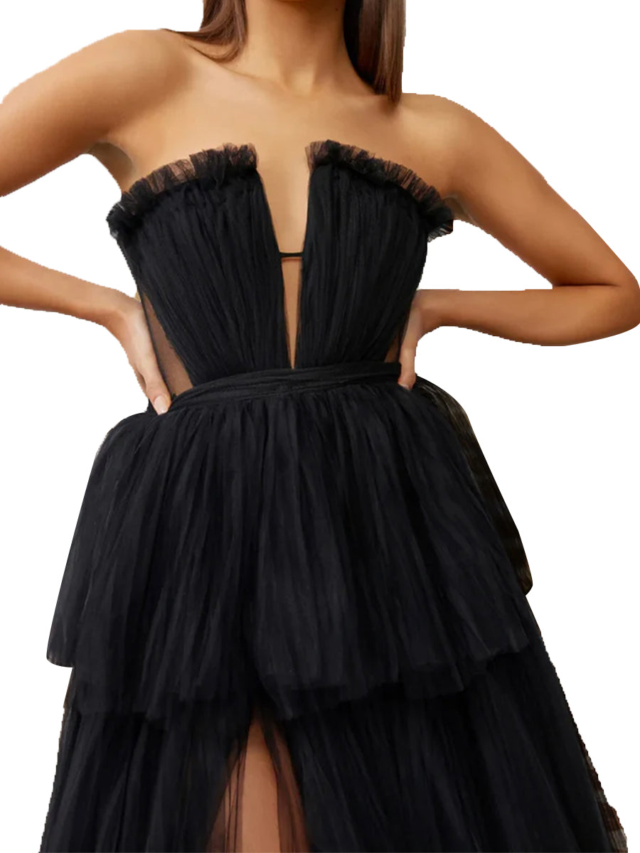 Cicinia Noir Robe de Soirée Longue en Tulle A-Line sans Bretelles Fente à Volants