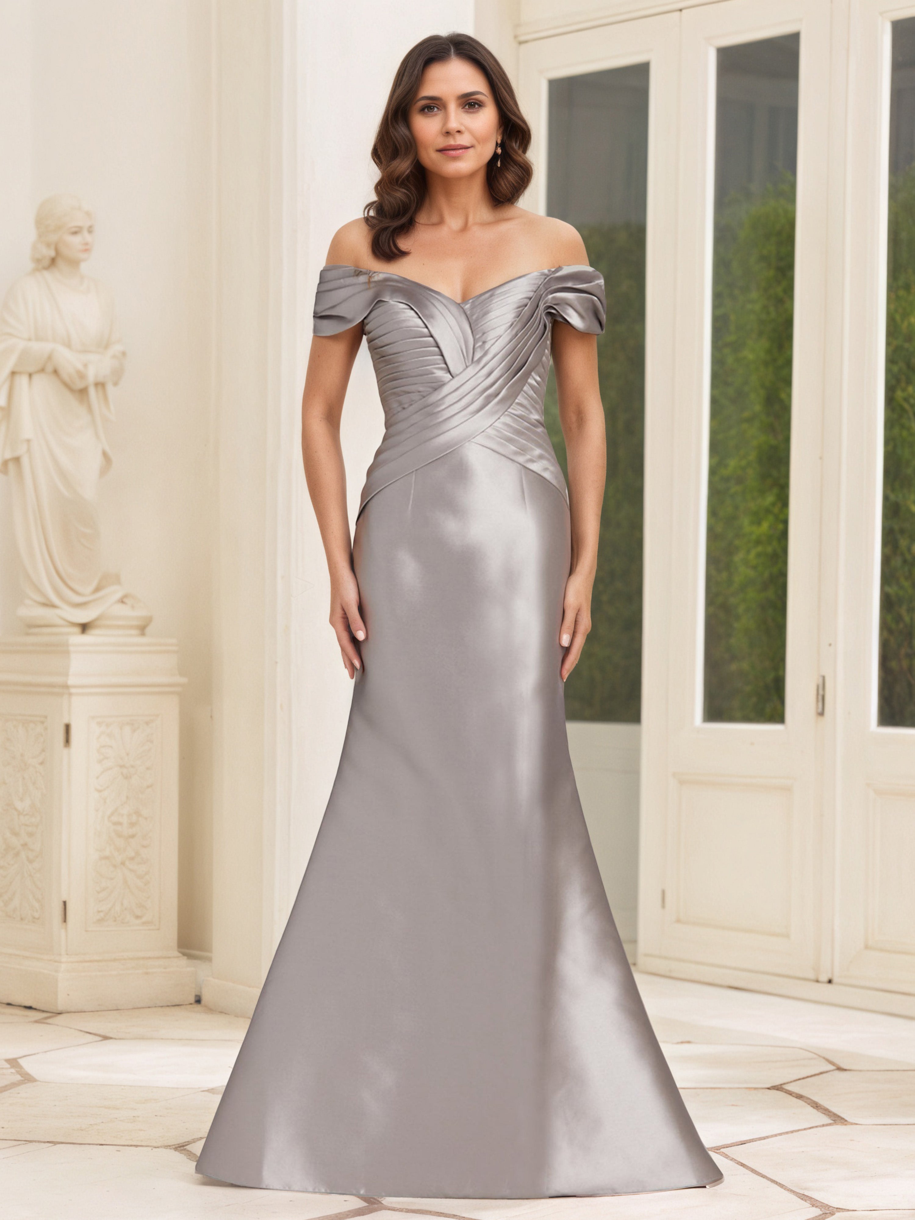 Robe Mère de la Mariée Taupe Longue Trompette/Sirène à Épaules Dénudées avec Plissés